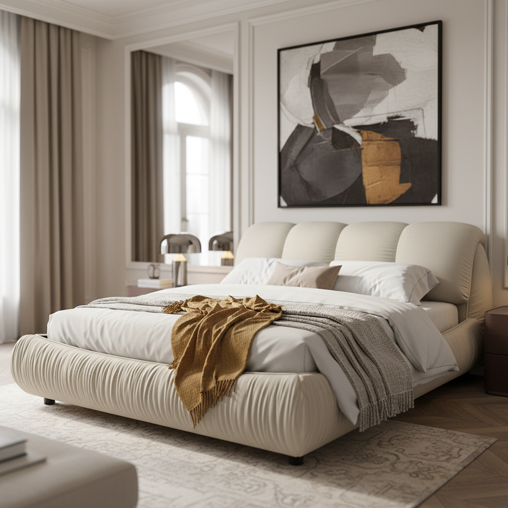 Trosa Luxury King Upholstered Platform Bed with Oversized Cushion Headboard