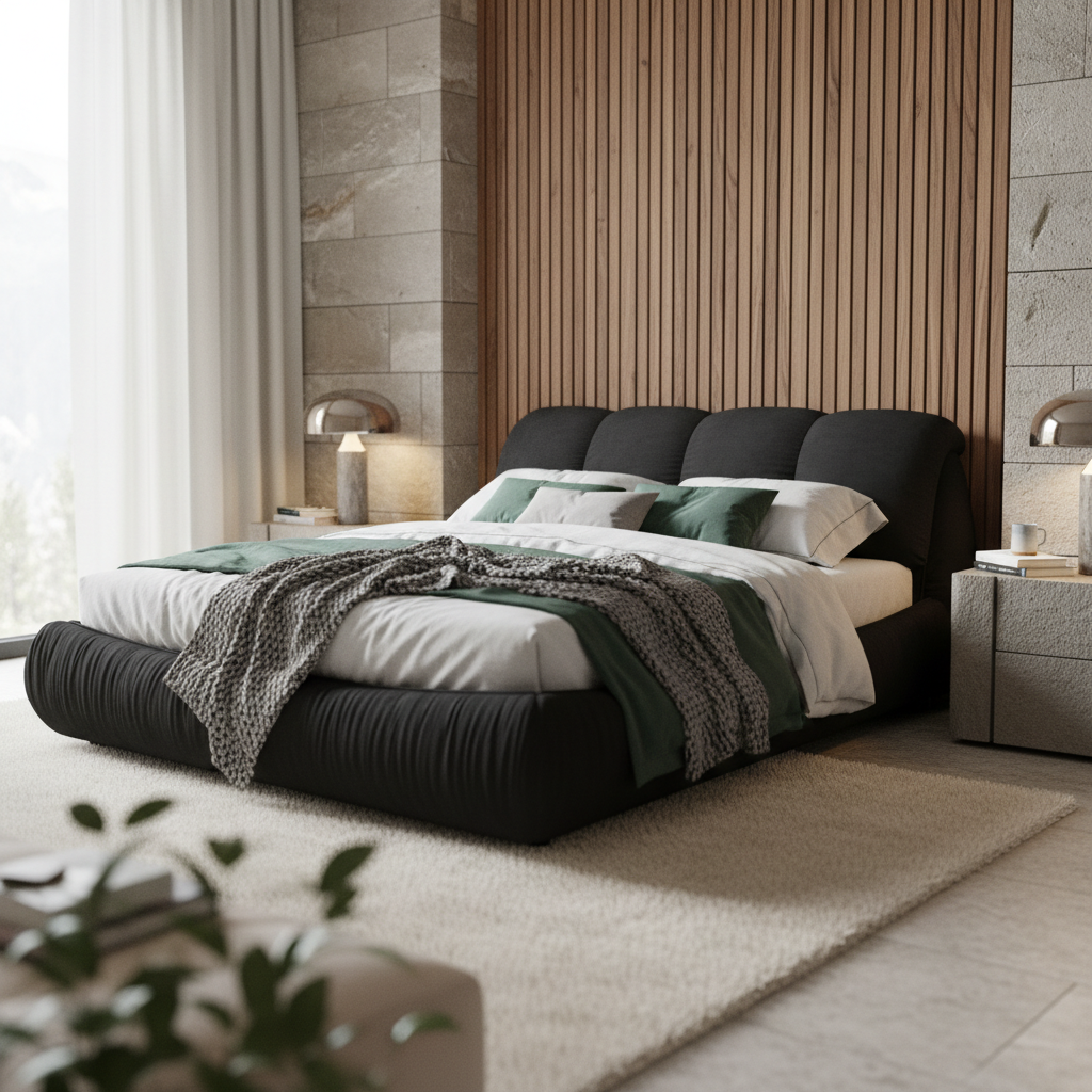 Trosa Luxury Queen Upholstered Platform Bed with Oversized Cushion Headboard