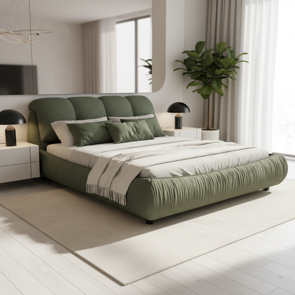 Trosa Luxury Queen Upholstered Platform Bed with Oversized Cushion Headboard