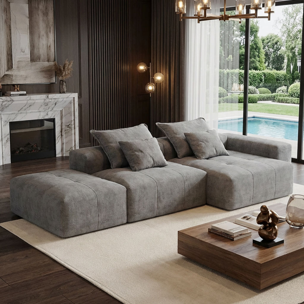 Denver 128" Modular Chenille Tufted Sectional Sofa with Ottoman and Chaise Lounge