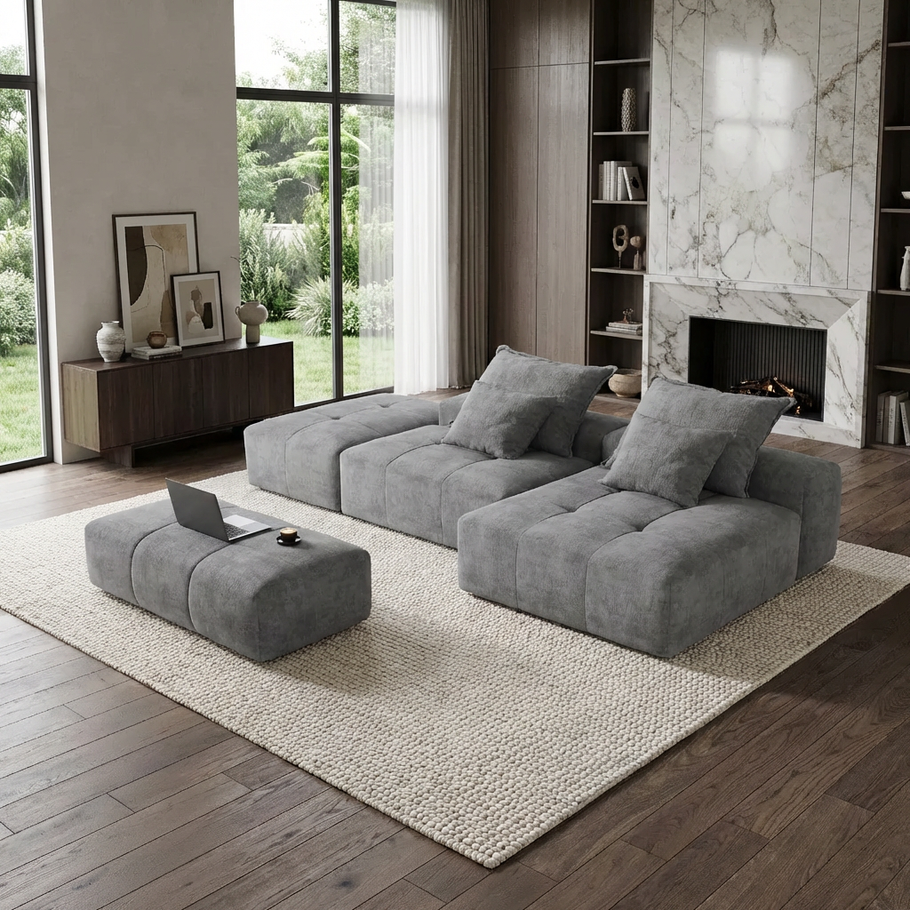 Denver 128" Modular Chenille Tufted Sectional Sofa with Ottoman and Chaise Lounge