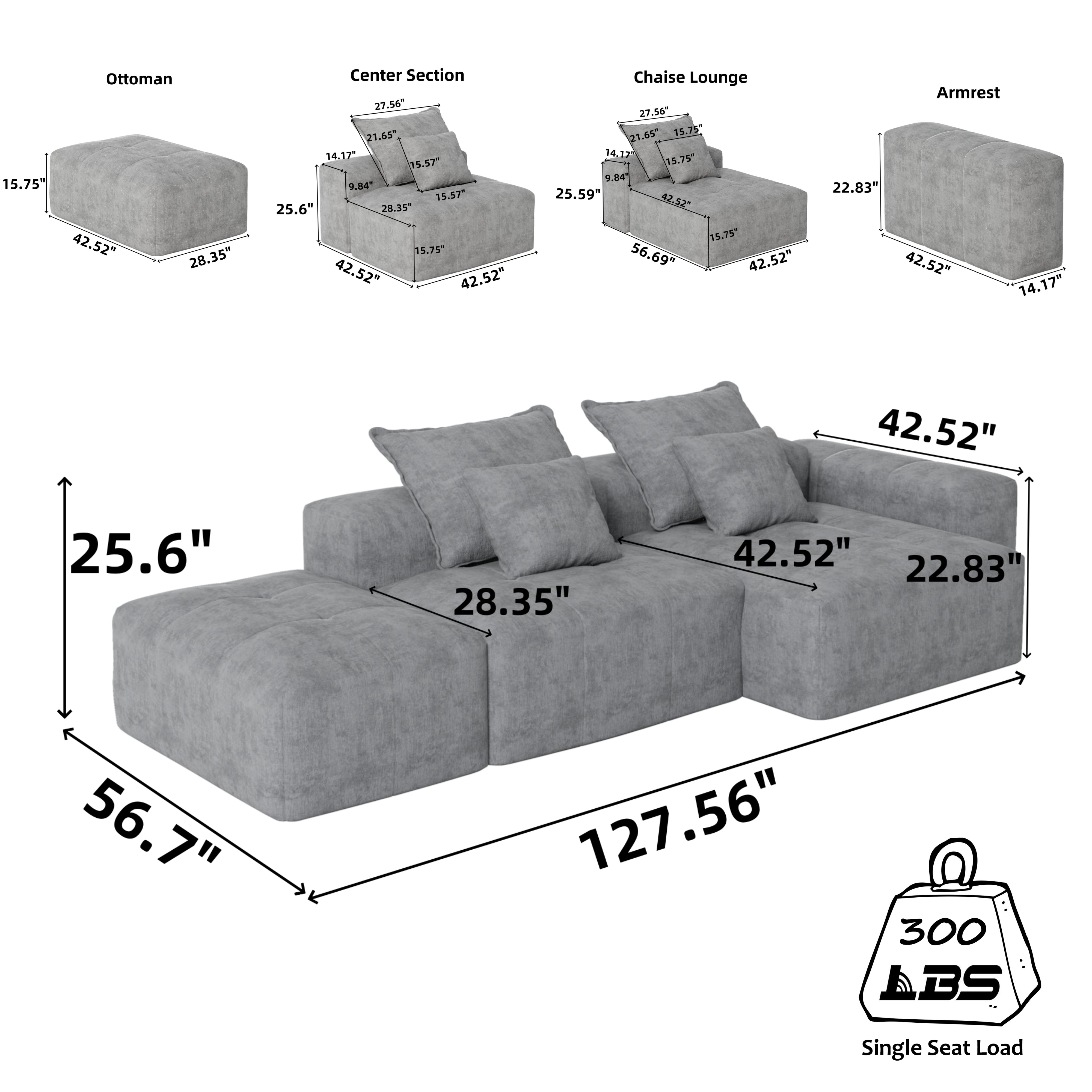 Denver 128" Modular Chenille Tufted Sectional Sofa with Ottoman and Chaise Lounge