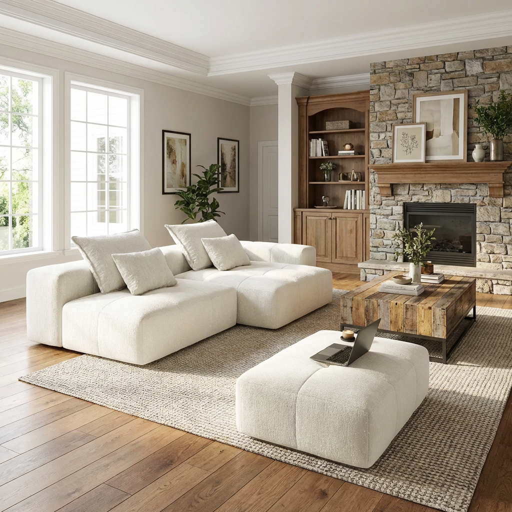 Denver 128" Modular Chenille Tufted Sectional Sofa with Ottoman and Chaise Lounge
