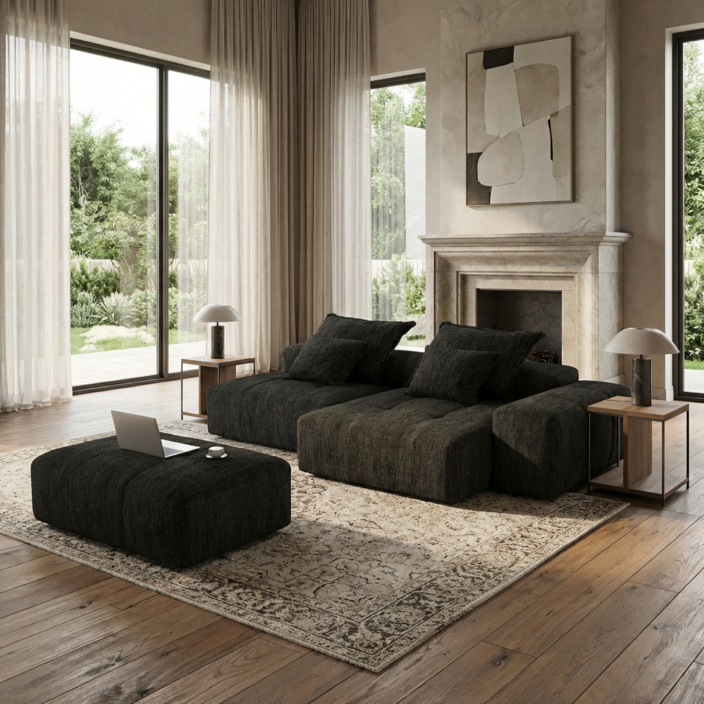 Denver 128" Modular Chenille Tufted Sectional Sofa with Ottoman and Chaise Lounge