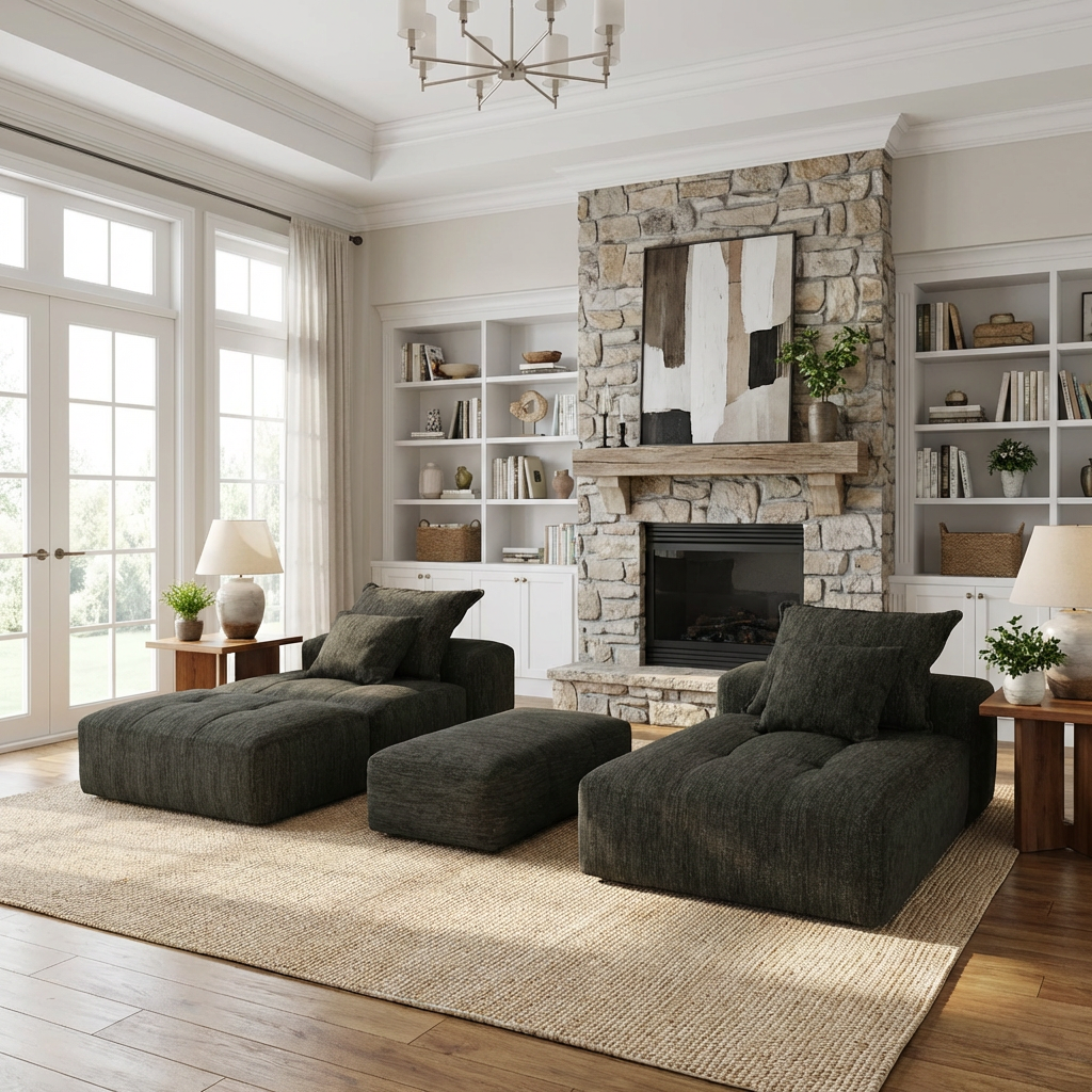 Denver 128" Modular Chenille Tufted Sectional Sofa with Ottoman and Chaise Lounge