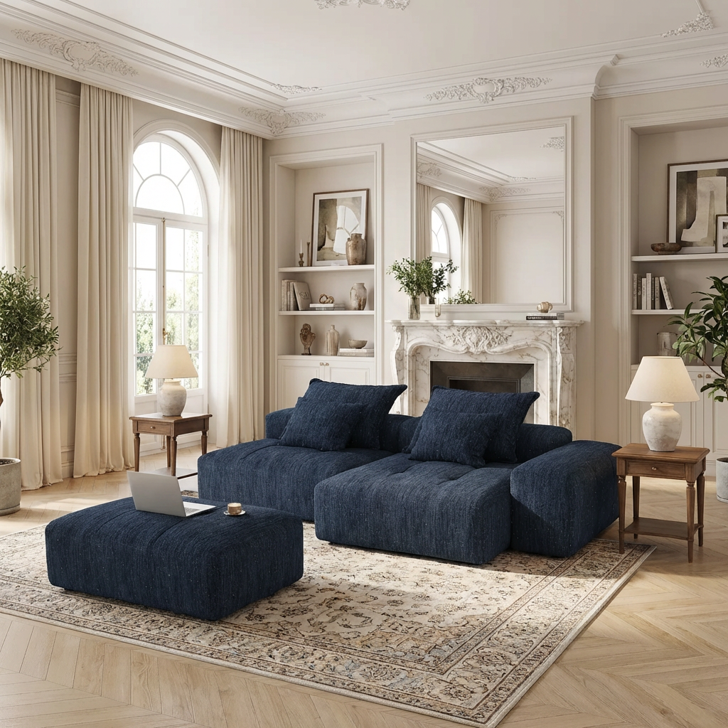 Denver 128" Modular Chenille Tufted Sectional Sofa with Ottoman and Chaise Lounge