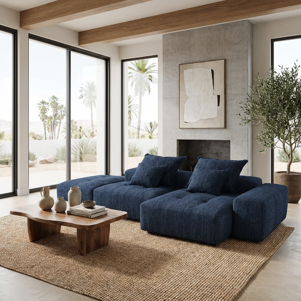 Denver 128" Modular Chenille Tufted Sectional Sofa with Ottoman and Chaise Lounge