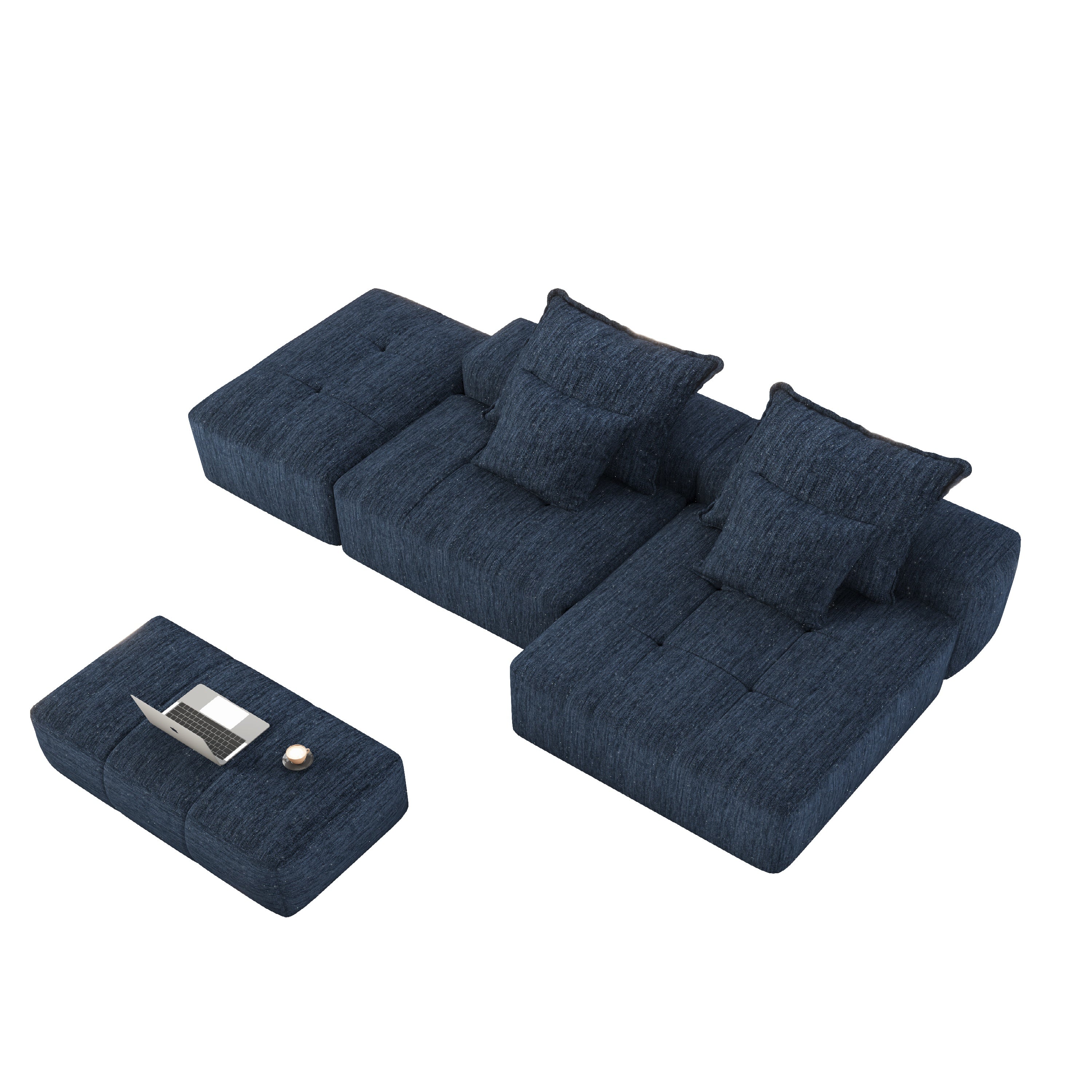 Denver 128" Modular Chenille Tufted Sectional Sofa with Ottoman and Chaise Lounge