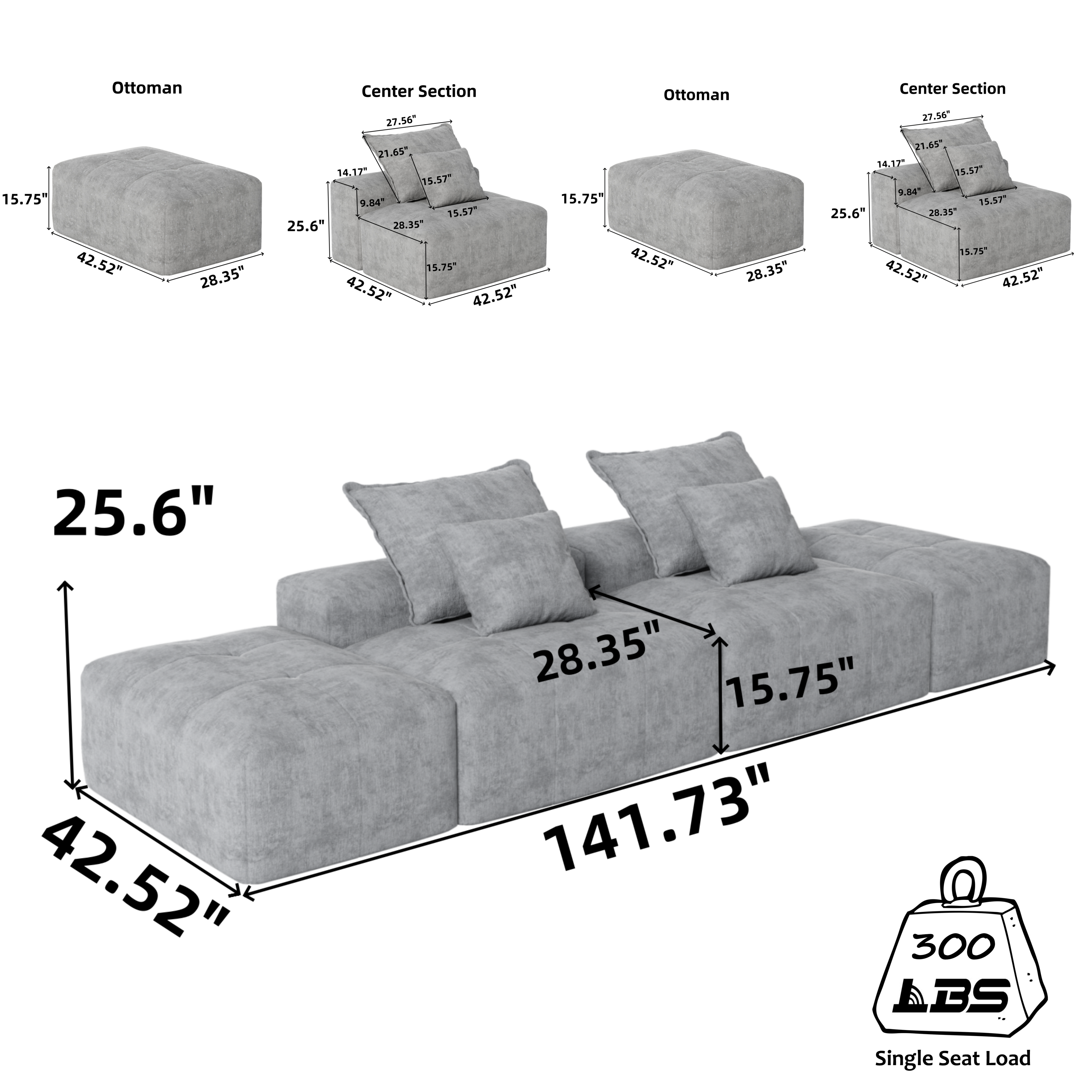 Denver 142" Modular Chenille Fabric Oversized Sofa with Soft Cushions and 4 Pillows