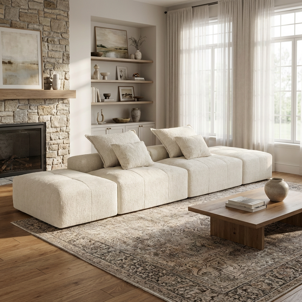 Denver 142" Modular Chenille Fabric Oversized Sofa with Soft Cushions and 4 Pillows