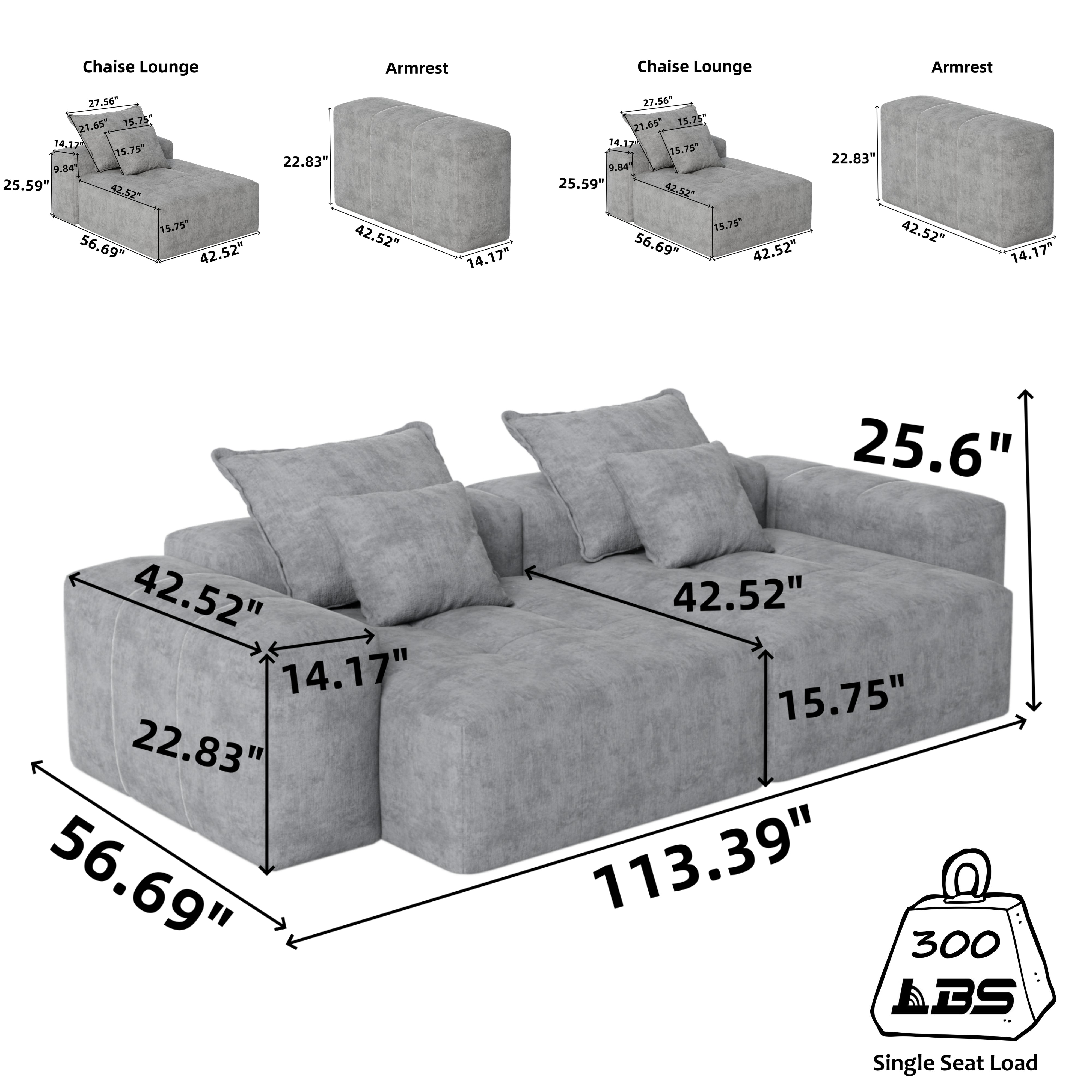 Denver 113" Oversized Chenille Tufted Modular Sectional Sofa with 4 Pillows and 2 Chaise Lounges