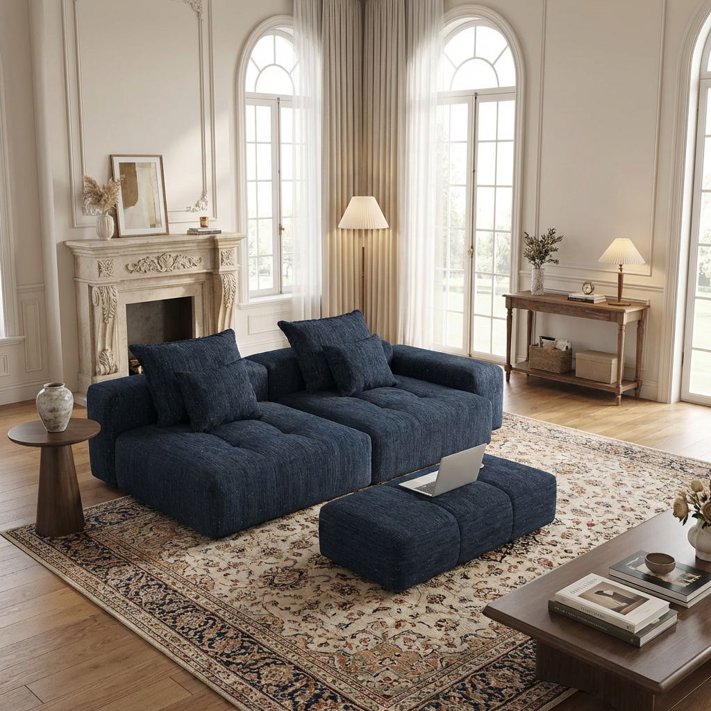 Denver 113" Oversized Chenille Tufted Modular Sectional Sofa with 4 Pillows and 2 Chaise Lounges