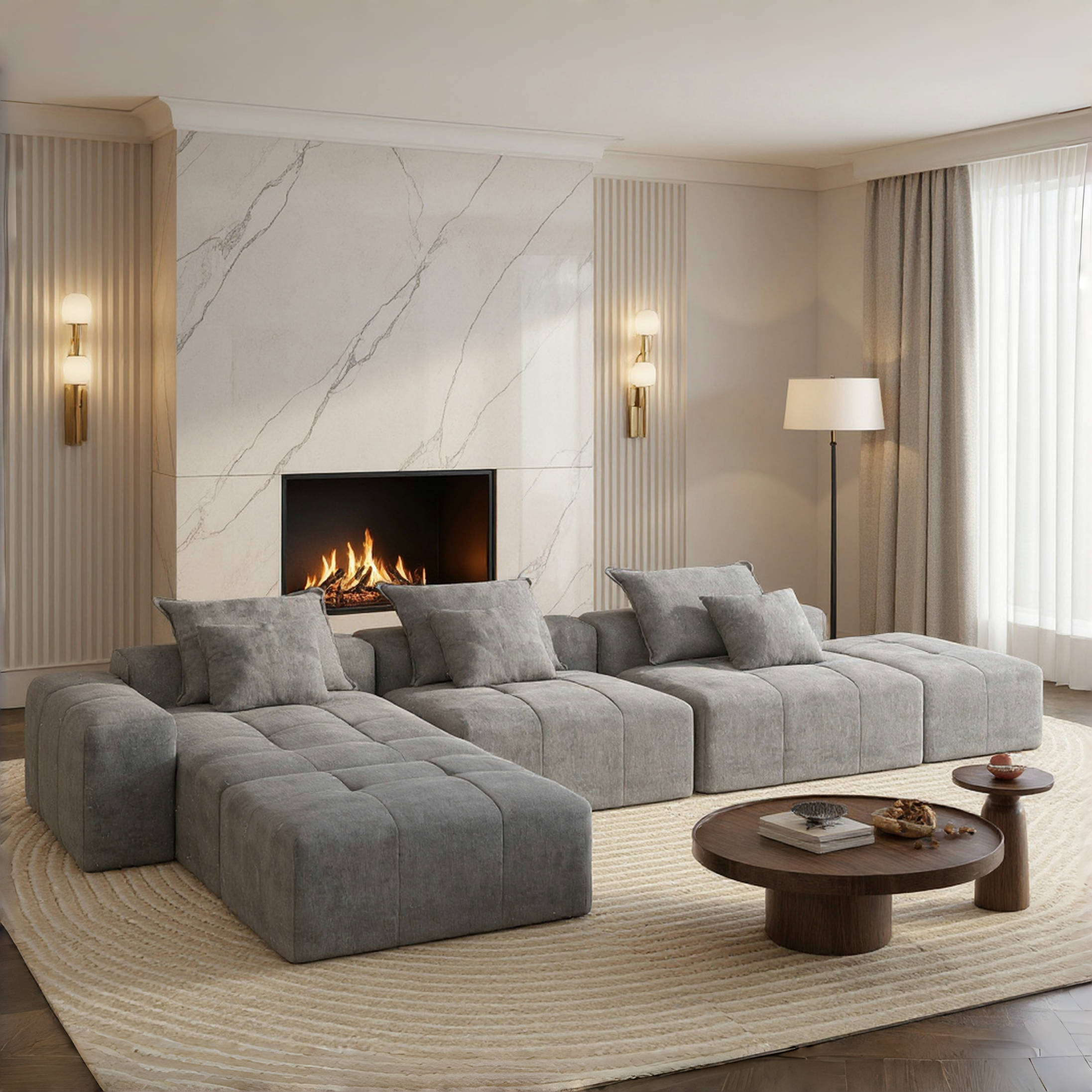 Denver Oversized Chenille Tufted Modular Sectional Sofa with 6 Pillows, Grey