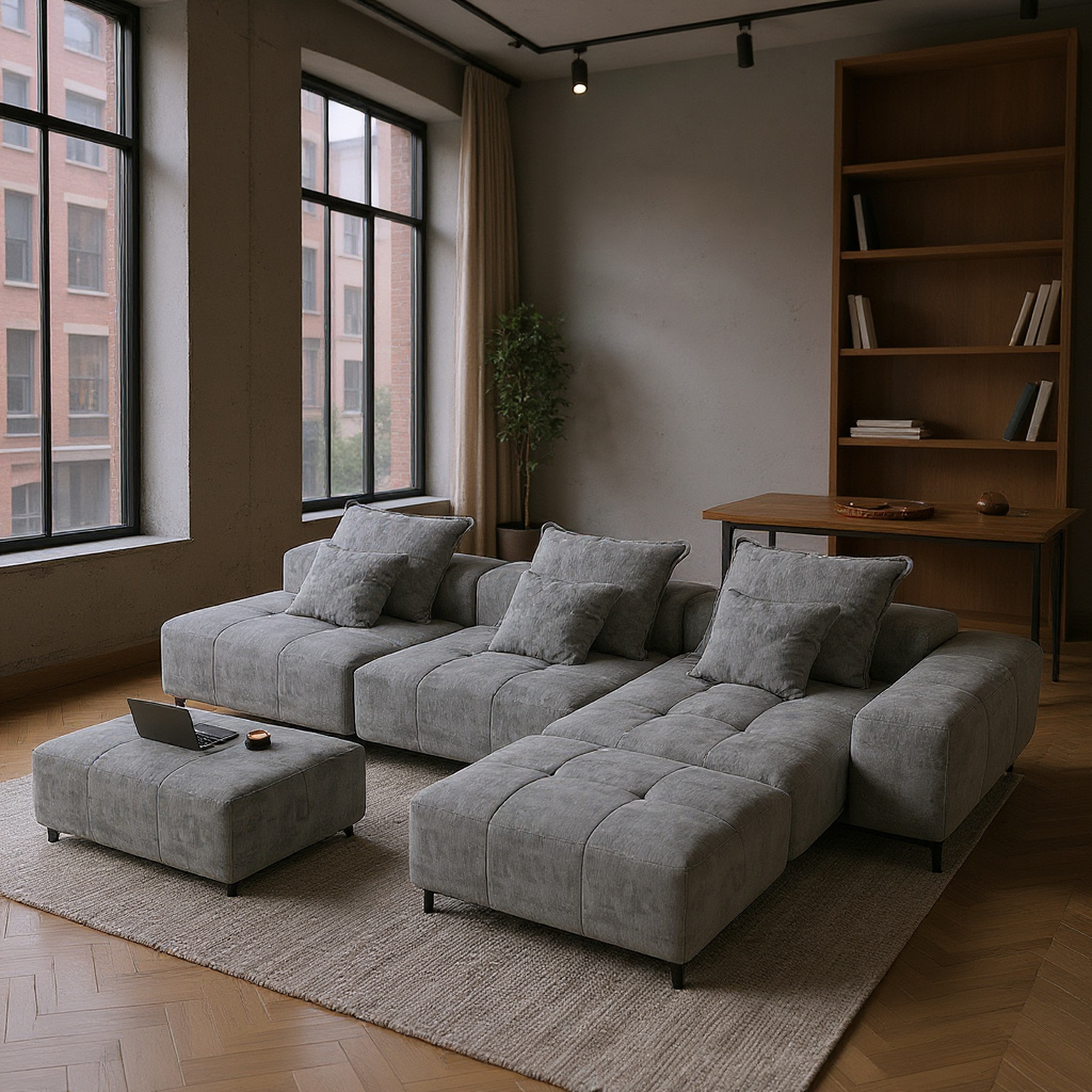 Denver Oversized Chenille Tufted Modular Sectional Sofa with 6 Pillows, Grey