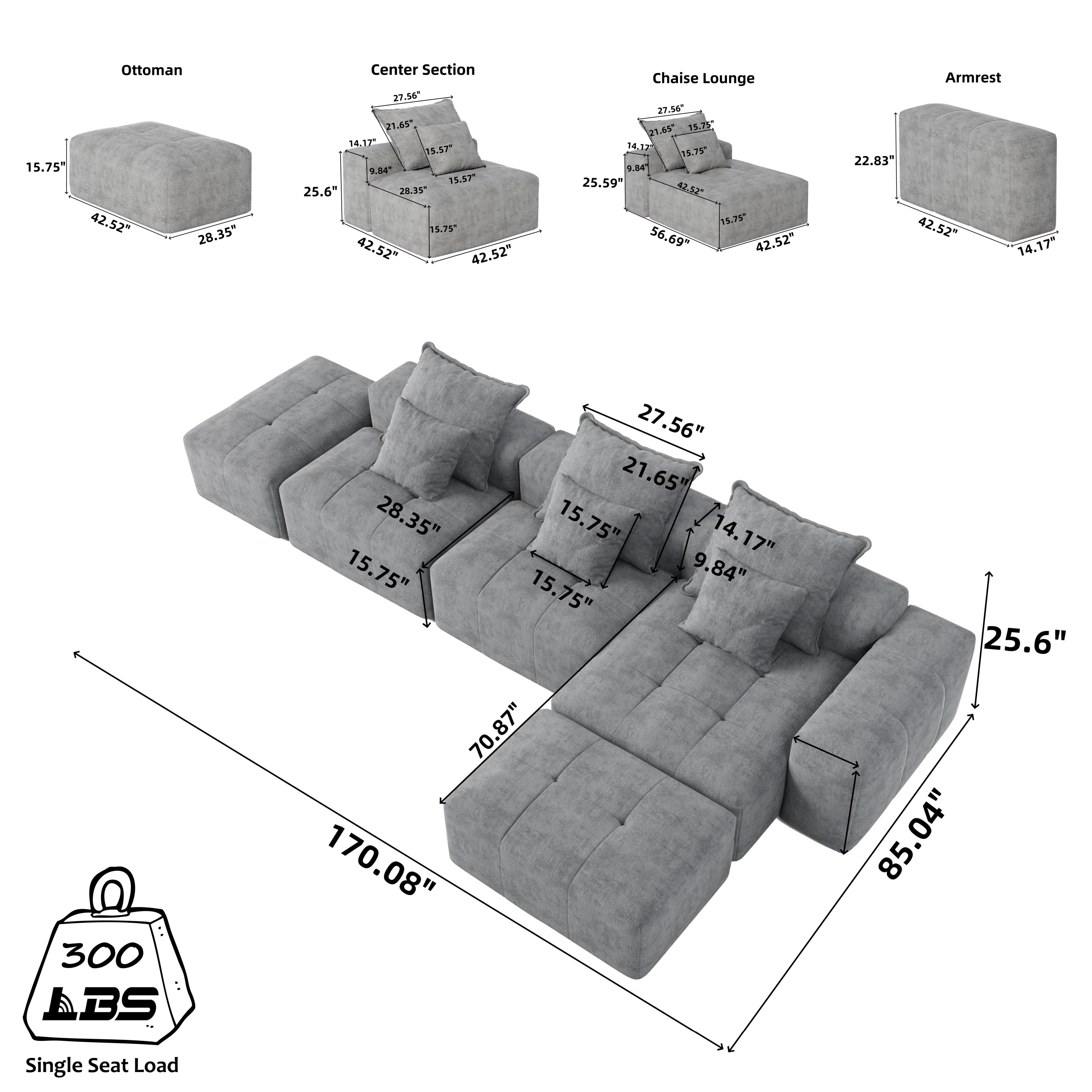 Denver Oversized Chenille Tufted Modular Sectional Sofa with 6 Pillows, Grey