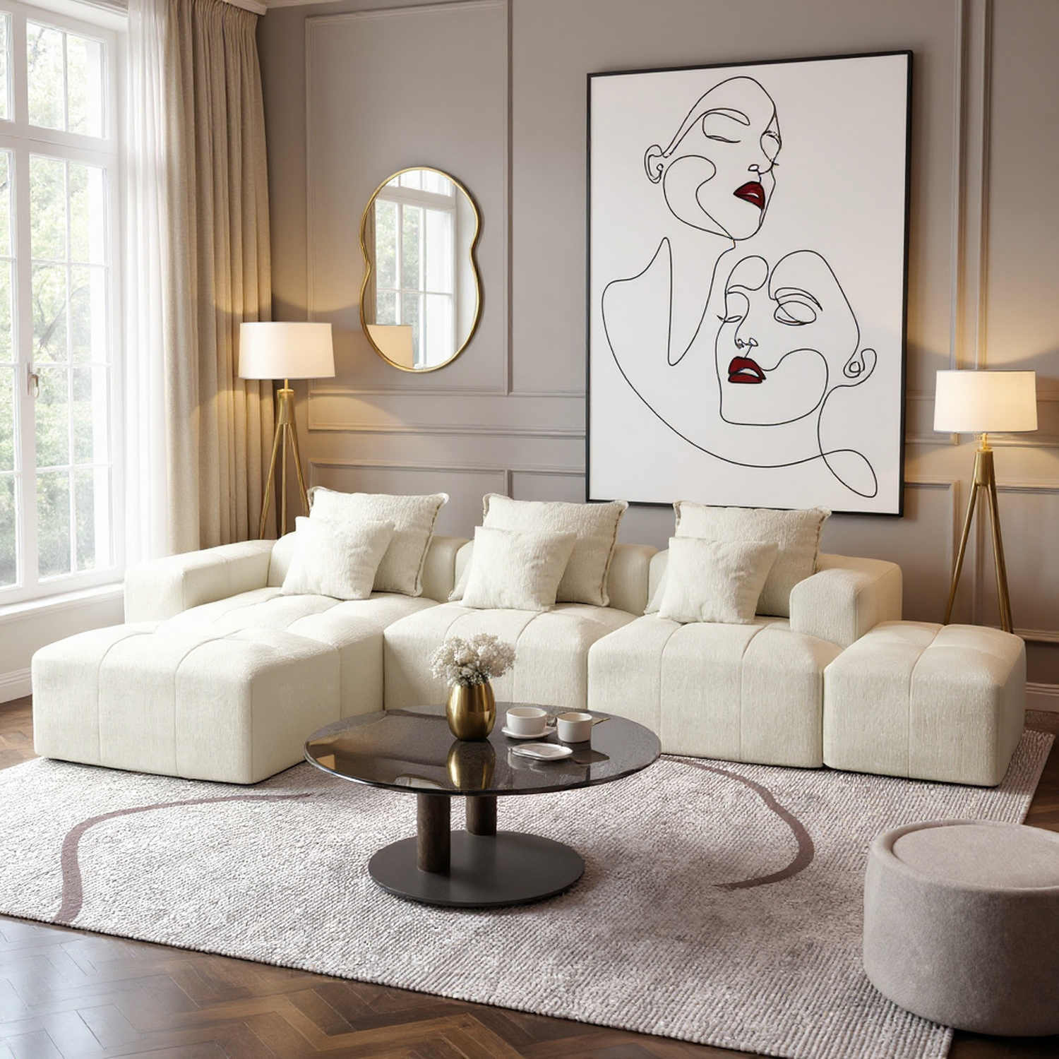 Denver Oversized Chenille Tufted Modular Sectional Sofa with 6 Pillows, Beige