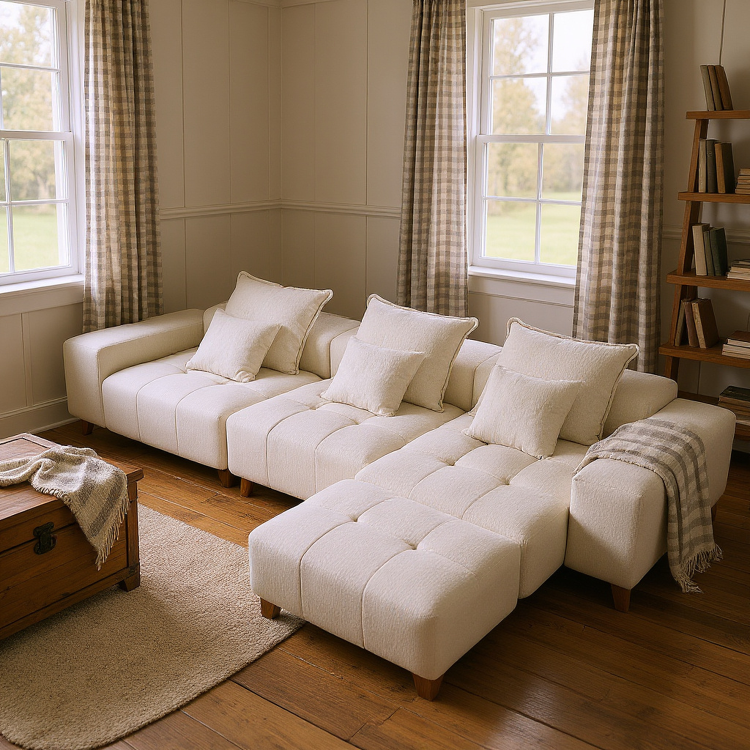 Denver Oversized Chenille Tufted Modular Sectional Sofa with 6 Pillows, Beige