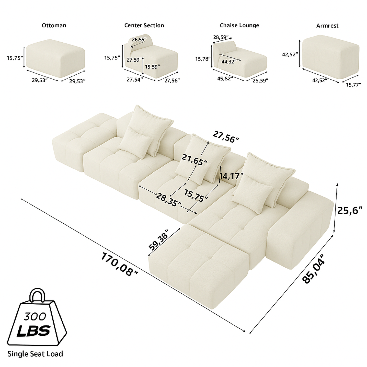 Denver Oversized Chenille Tufted Modular Sectional Sofa with 6 Pillows, Beige