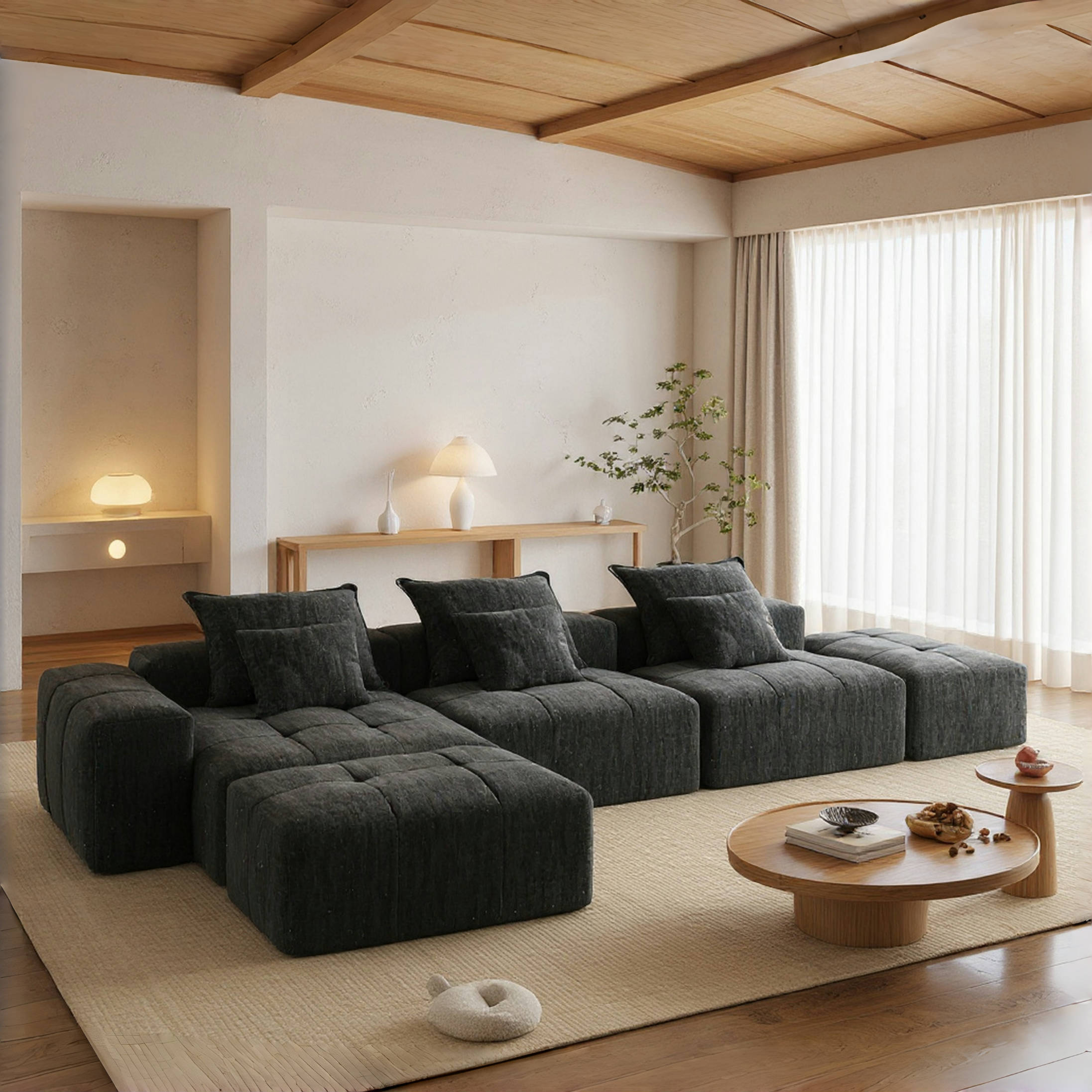 Denver Oversized Chenille Tufted Modular Sectional Sofa with 6 Pillows, Black