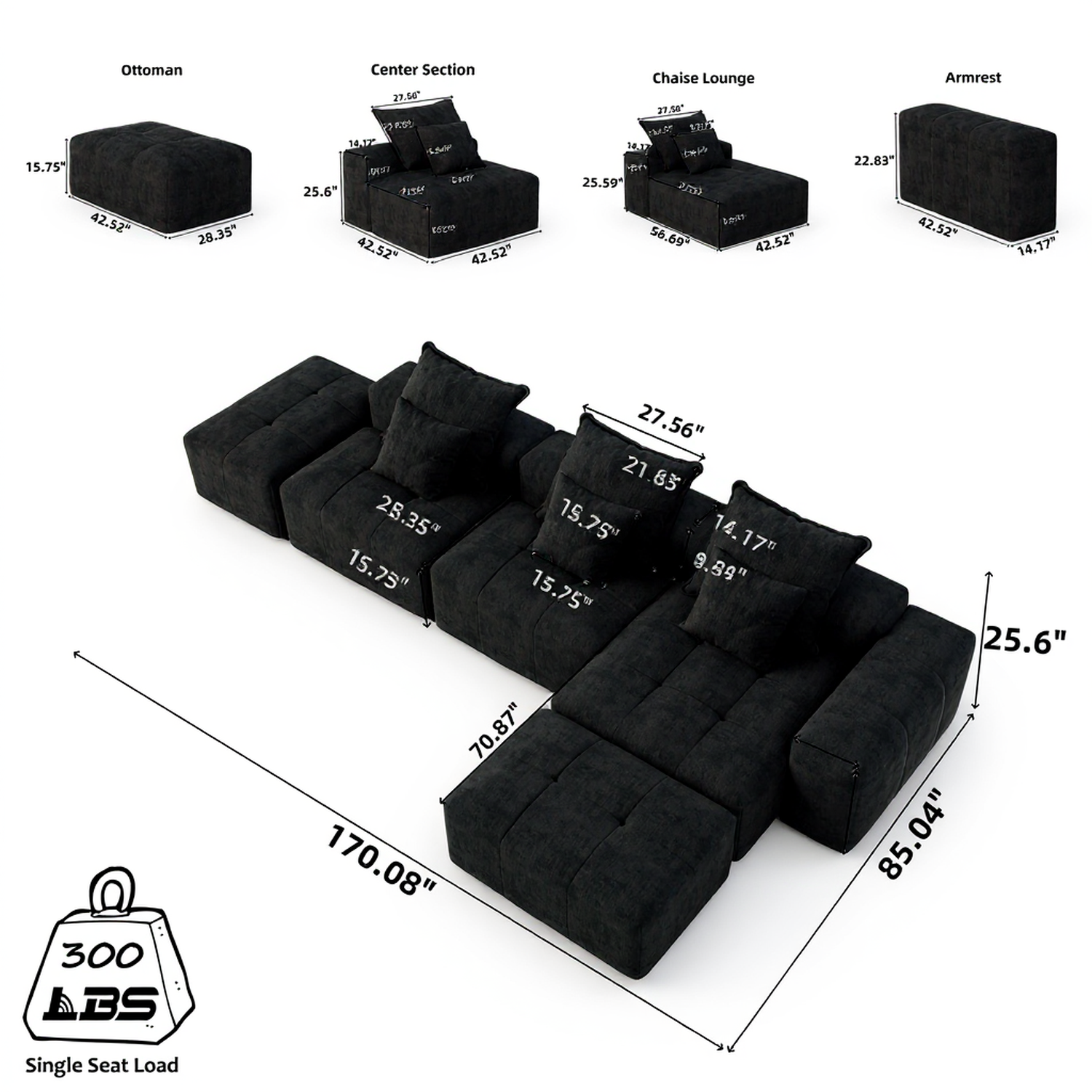 Denver Oversized Chenille Tufted Modular Sectional Sofa with 6 Pillows, Black