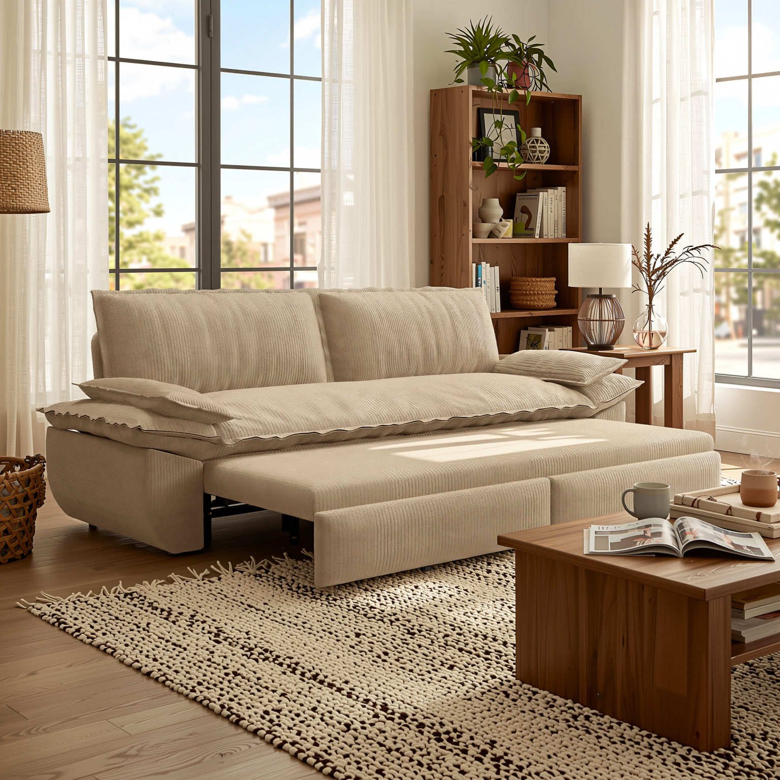 Alameda 73" Modern Corduroy Queen Pull-Out Sleeper Sofa Bed with Wide Armrests