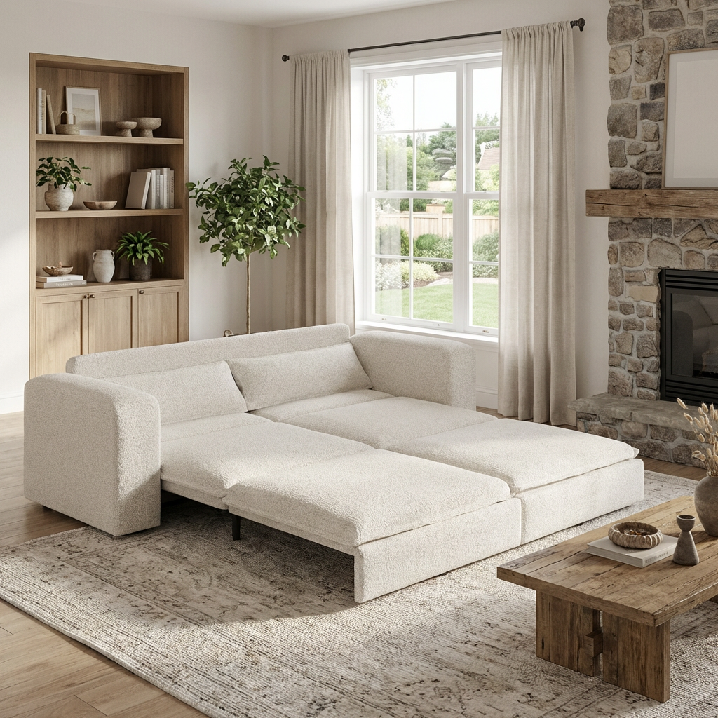 Cary 93" King Size Teddy Convertible Pull-Out Sleeper Sofa Bed with Chaise Lounge and Lumbar Pillows