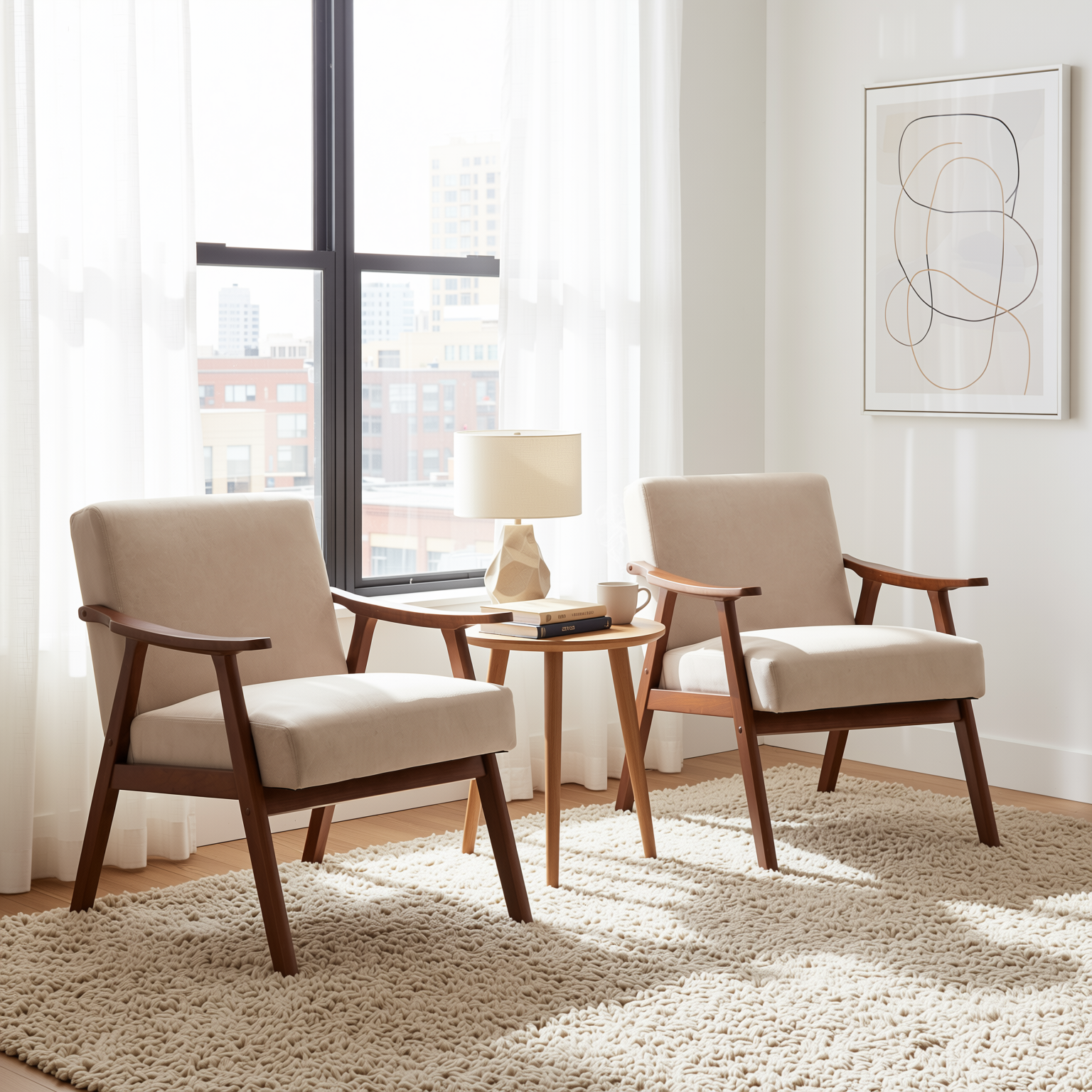 Homy Casa Aden 2PC Living Room Furniture Set with Mid-Century Accent Chairs in Light Camel Fabric Open Box