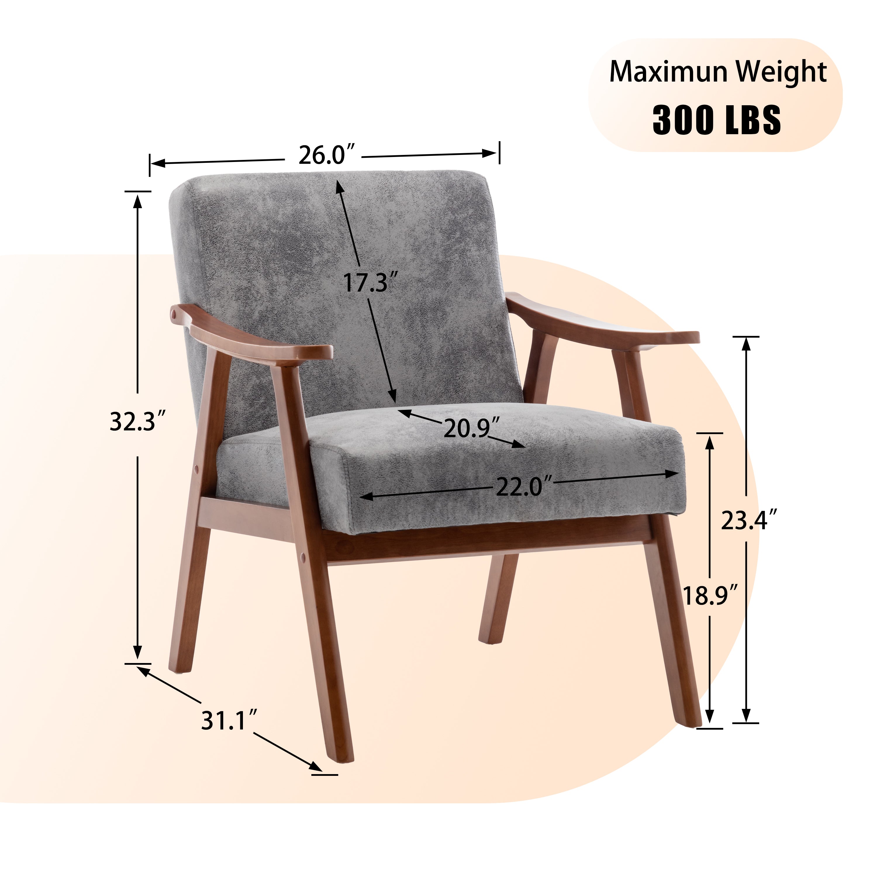 Homy Casa Aden 2PC Living Room Furniture Set with Mid-Century Accent Chairs in Grey Fabric Open Box