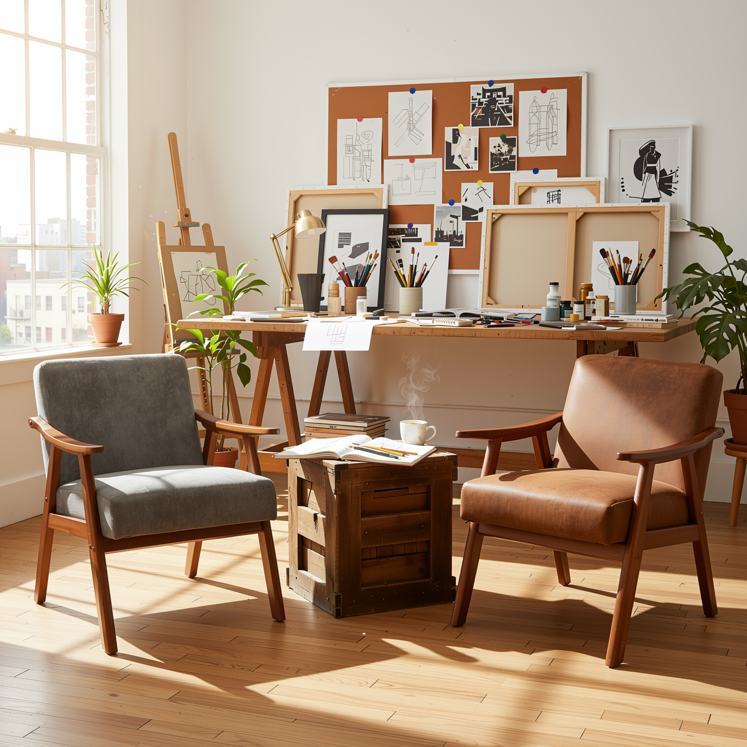 Homy Casa Aden 2PC  Mid-Century Living Room Furniture Set Accent Chairs in Brown & Grey Fabric Open Box