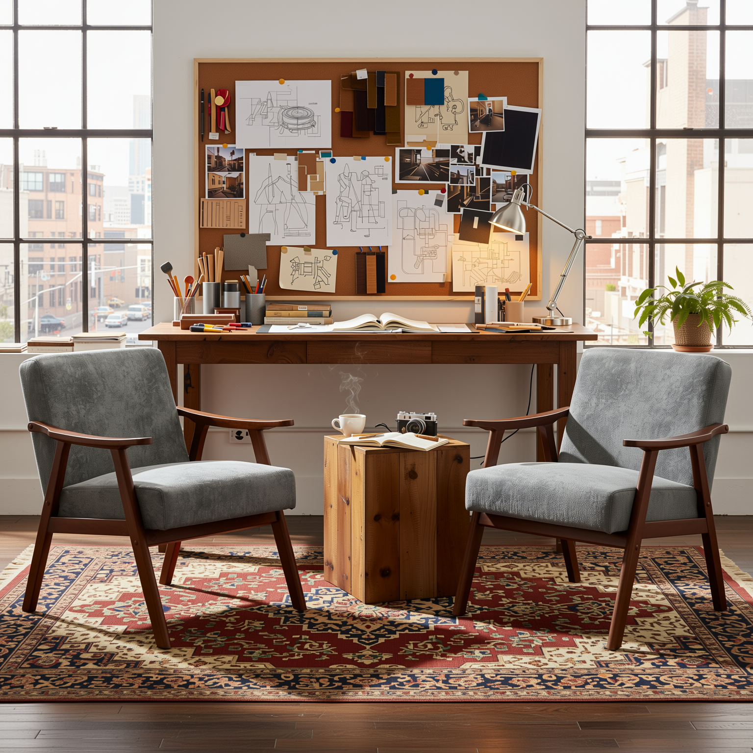 Homy Casa Aden 2PC Living Room Furniture Set with Mid-Century Accent Chairs in Grey Fabric Open Box