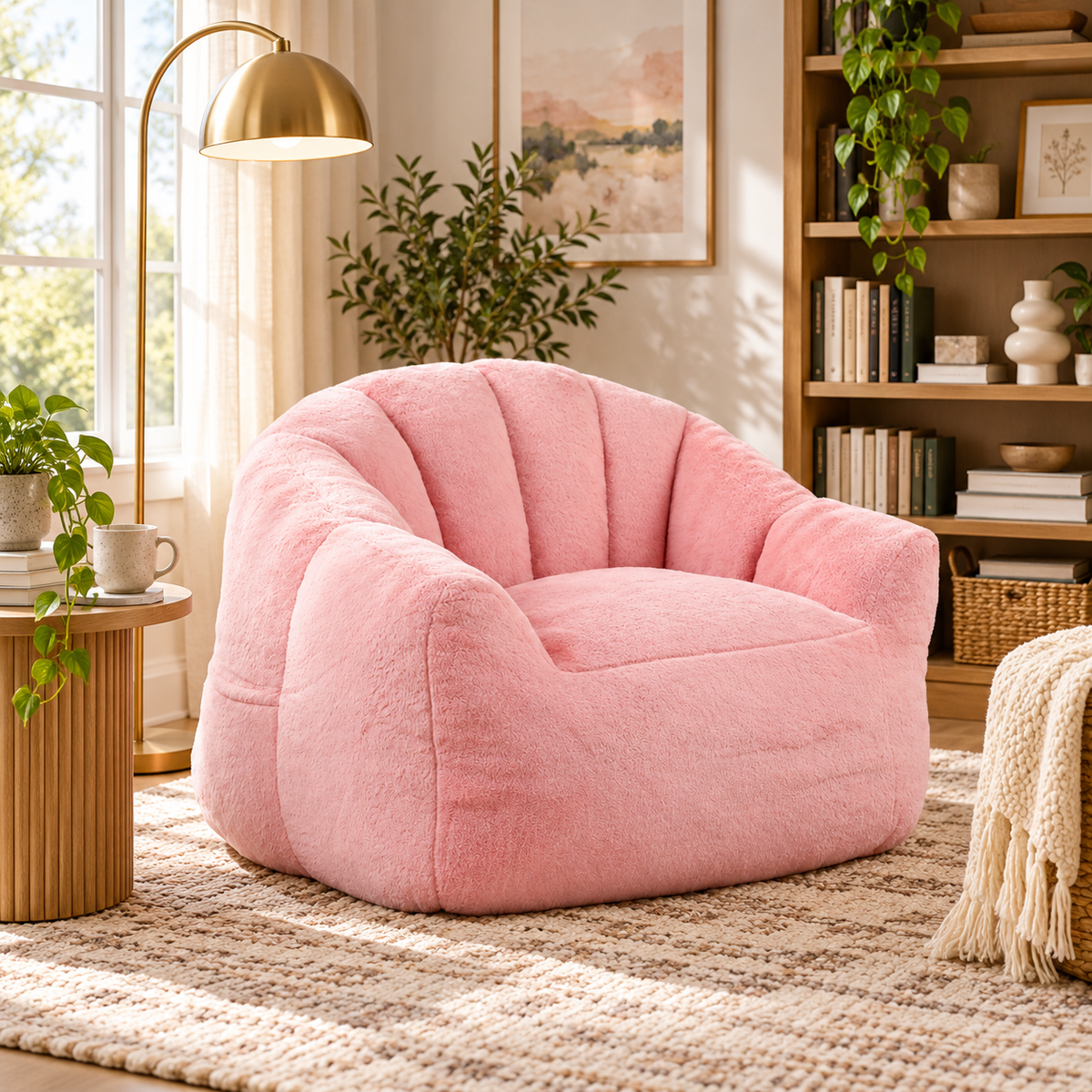 Homy Casa Wasatch Pink Faux Fur Bean Bag Chair 41.4" for Comfortable Seating Open Box