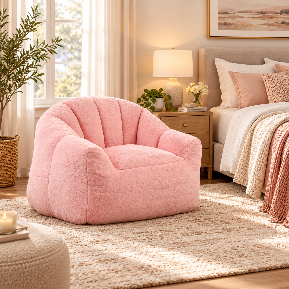 Homy Casa Wasatch Pink Faux Fur Bean Bag Chair 41.4" for Comfortable Seating Open Box