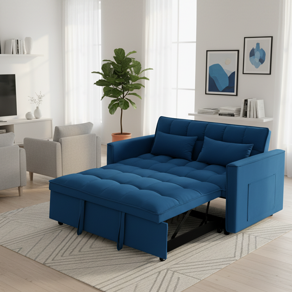 Akron 54.3" Modern Velvet Convertible Sofa Bed with Side Pockets, Blue