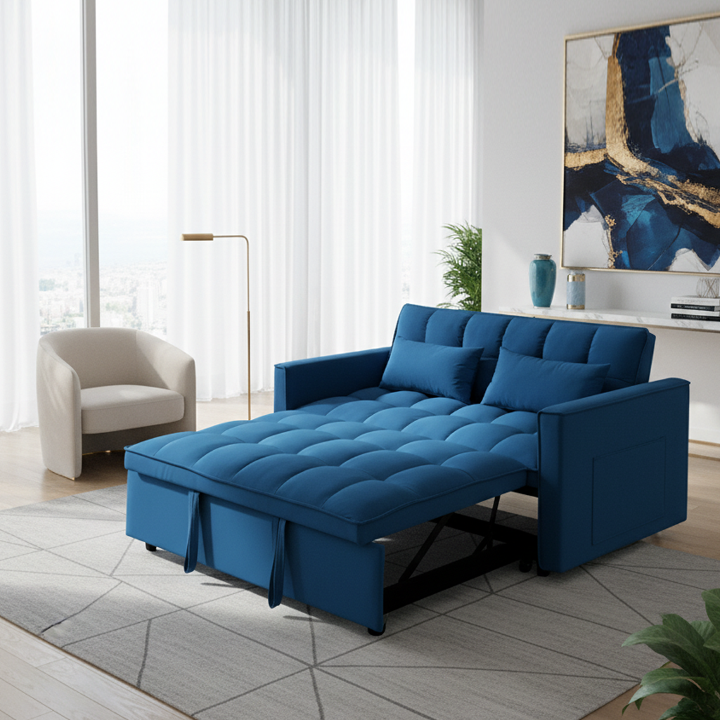 Akron 54.3" Modern Velvet Convertible Sofa Bed with Side Pockets, Blue