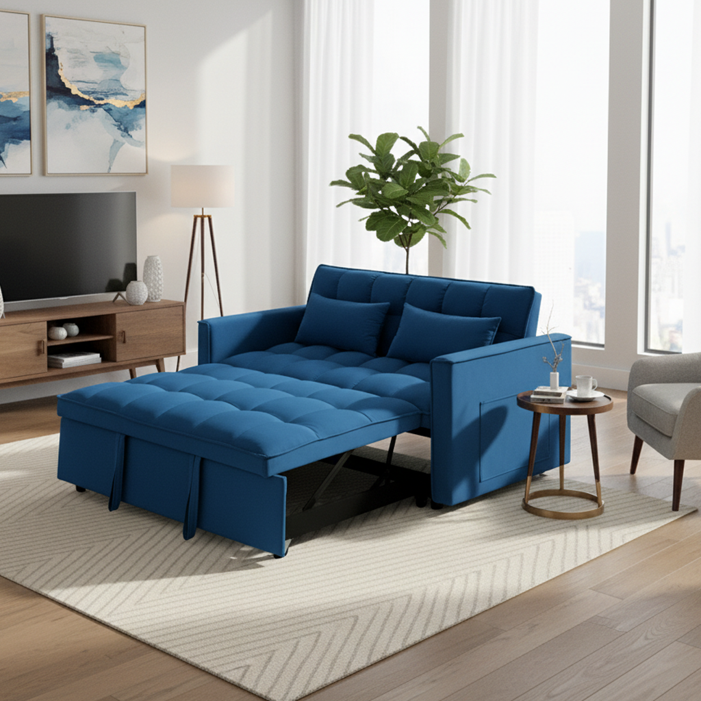 Akron 54.3" Modern Velvet Convertible Sofa Bed with Side Pockets, Blue