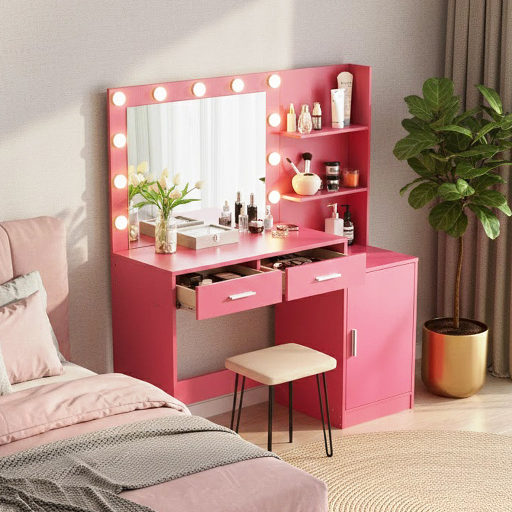 Espoo 46.4" Modern Vanity Desk with Lighted Mirror, Pink