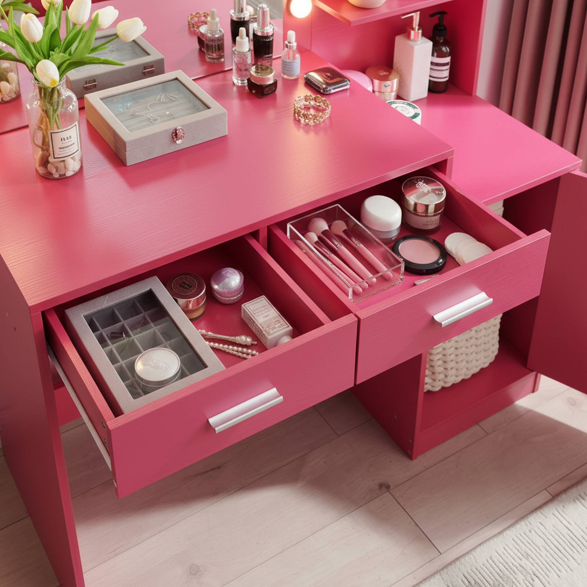 Espoo 46.4" Modern Vanity Desk with Lighted Mirror, Pink