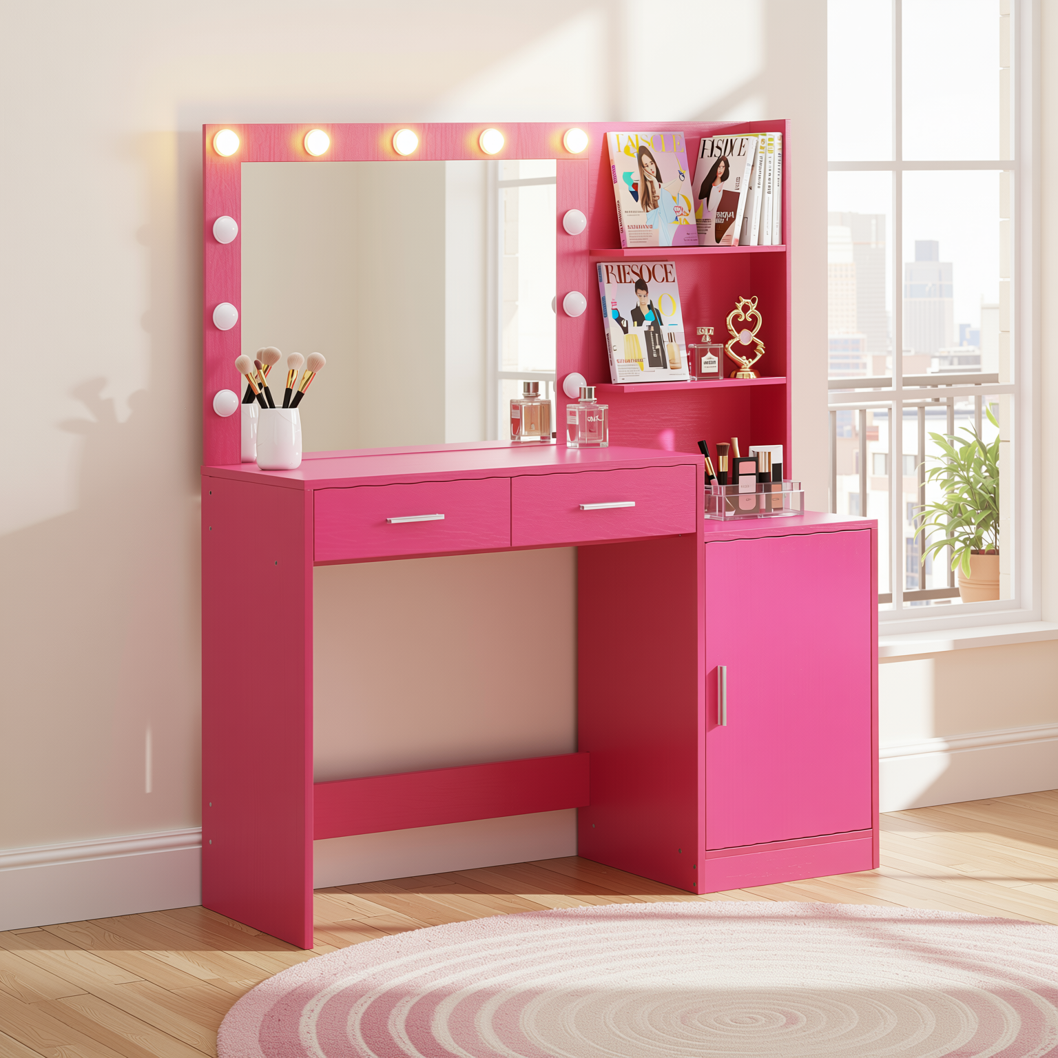 Espoo 46.4" Modern Vanity Desk with Lighted Mirror, Pink