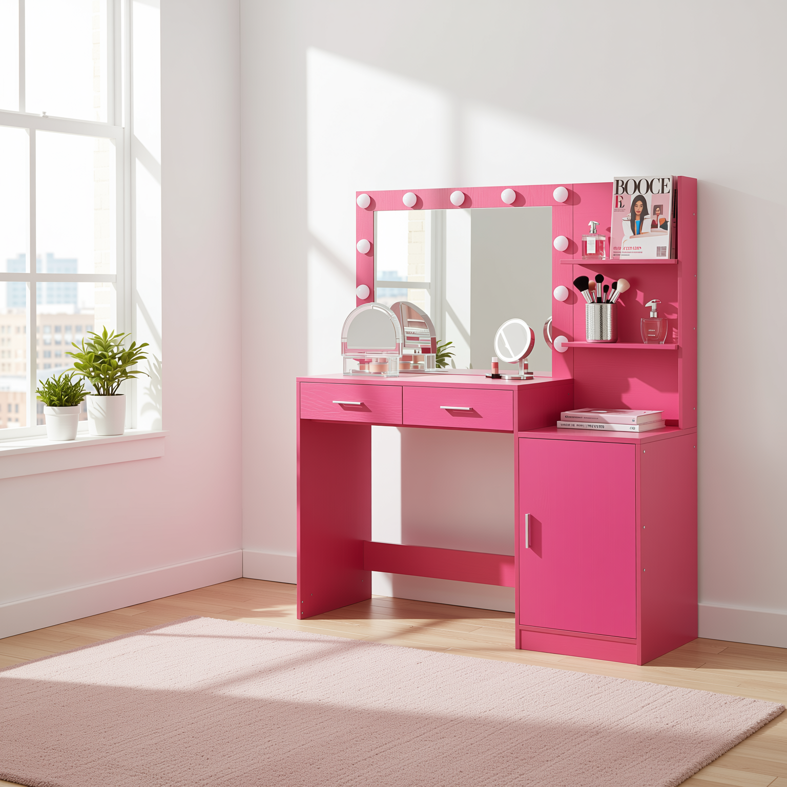 Espoo 46.4" Modern Vanity Desk with Lighted Mirror, Pink