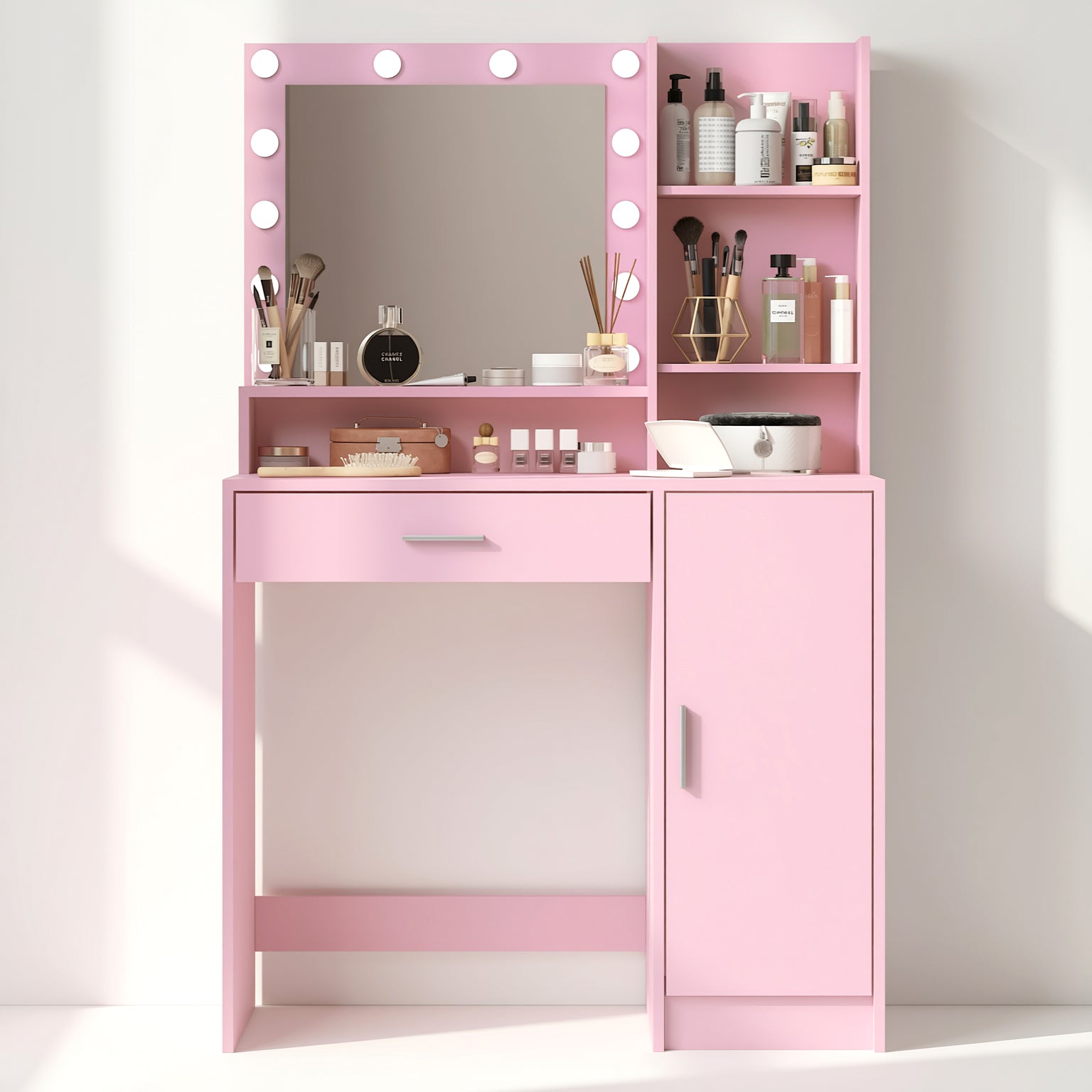 Lecce Pink Vanity Set Hollywood Lighted Mirror Desk with CARNATION Morandi Fabric Swivel Chair