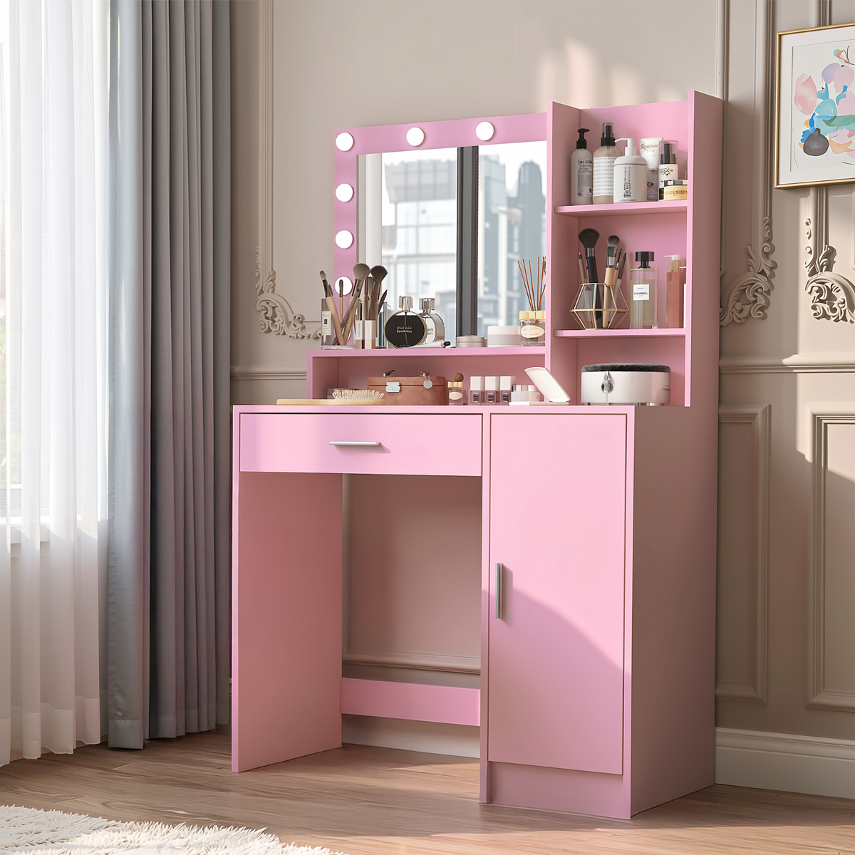 Pink Lecce makeup vanity with Hollywood-style LED bulb mirror and storage