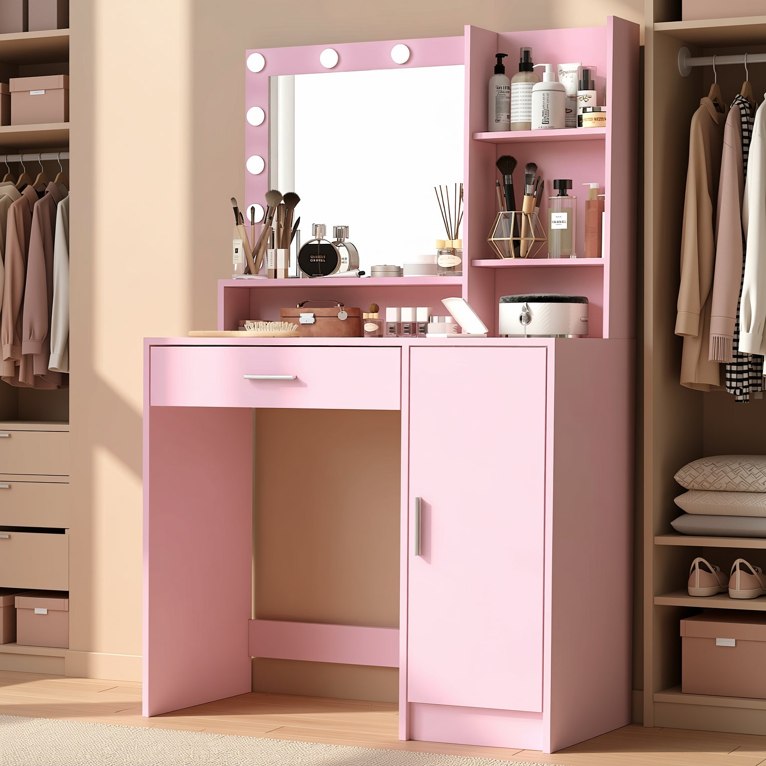 Lecce 35" Makeup Vanity Desk Set with Hollywood Lighted Mirror