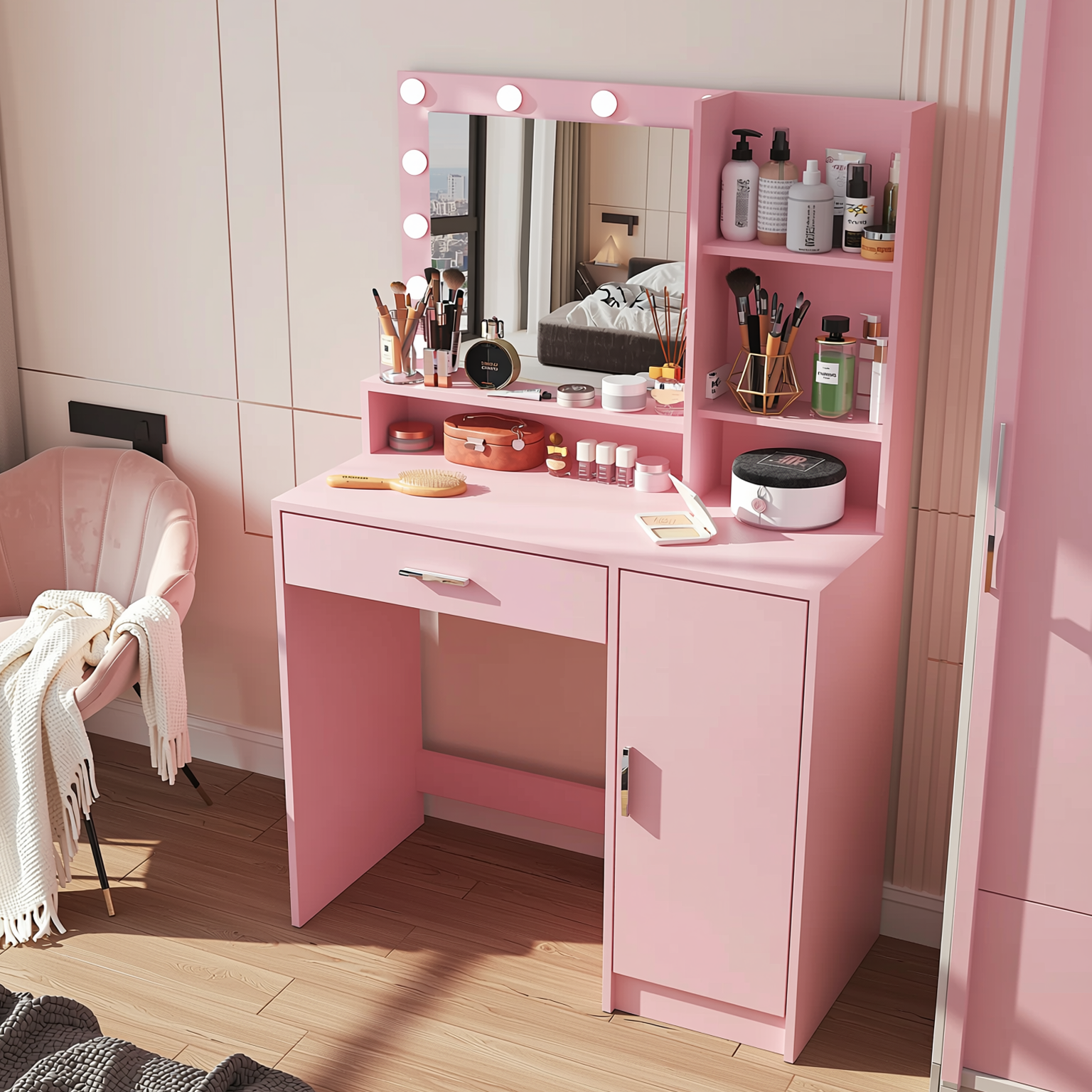 Lecce 35" Makeup Vanity Desk Set with Hollywood Lighted Mirror