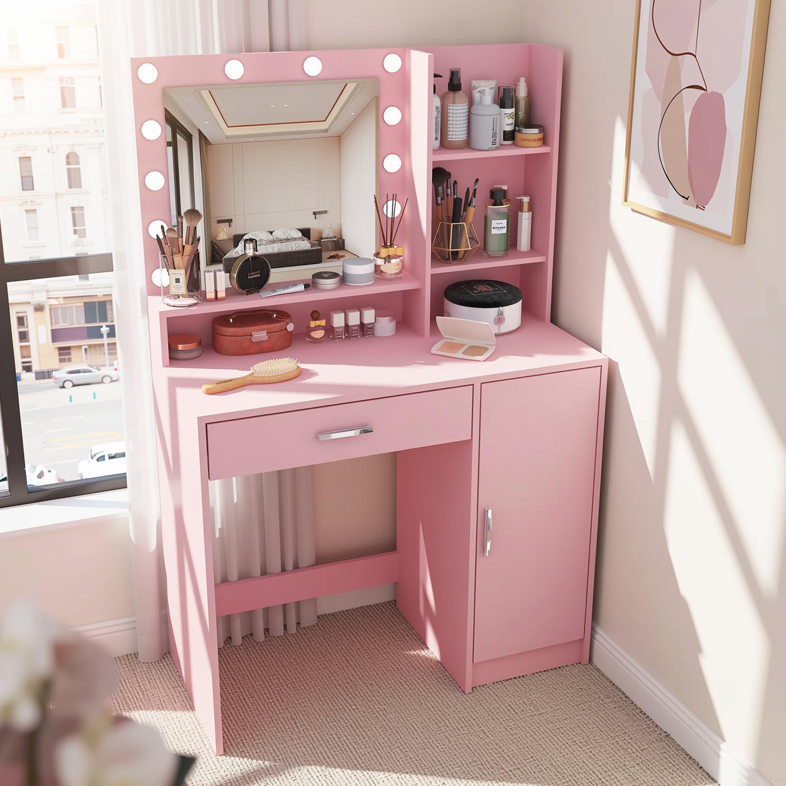 Lecce 35" Makeup Vanity Desk Set with Hollywood Lighted Mirror