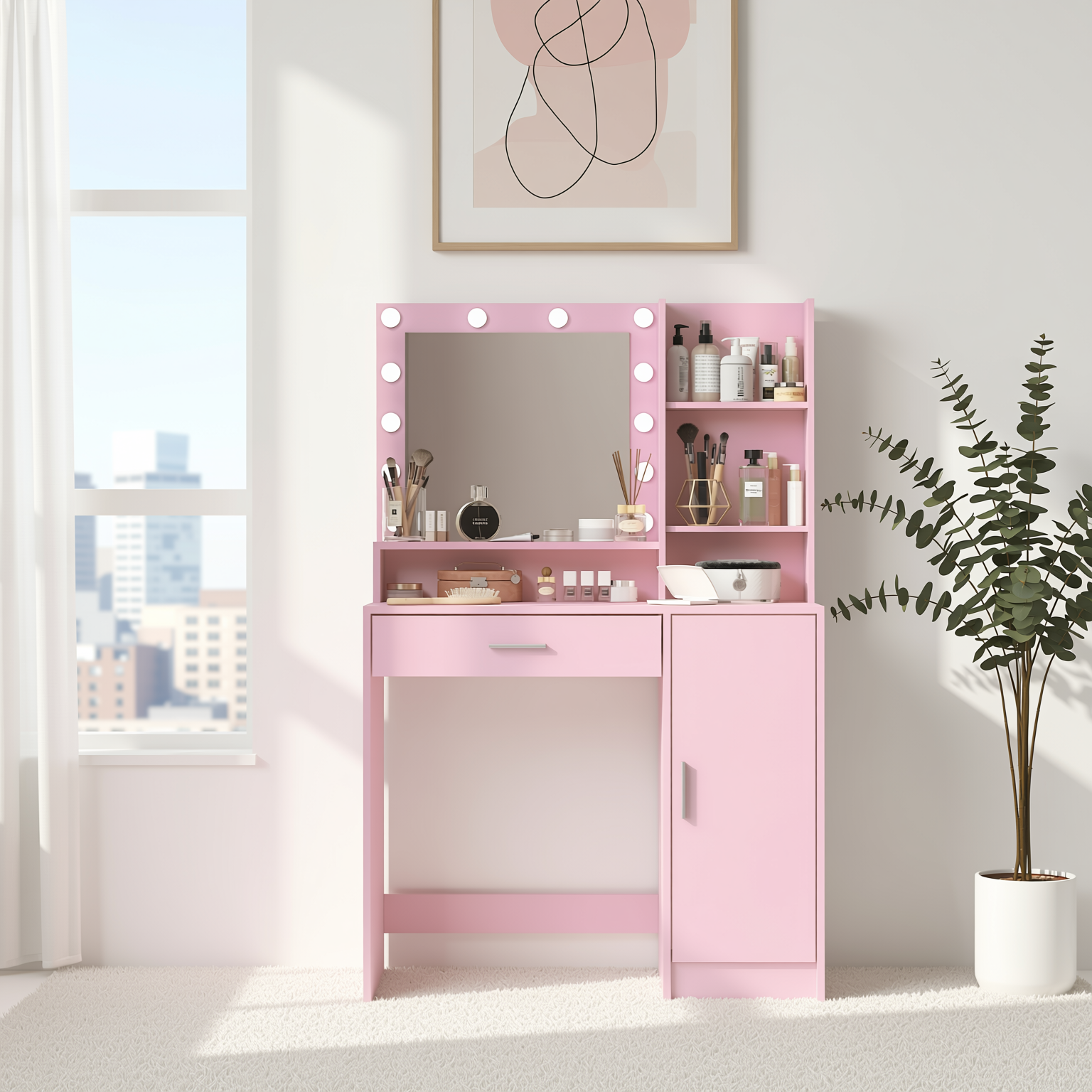Lecce Pink Vanity Set Hollywood Lighted Mirror Desk with CARNATION Morandi Fabric Swivel Chair