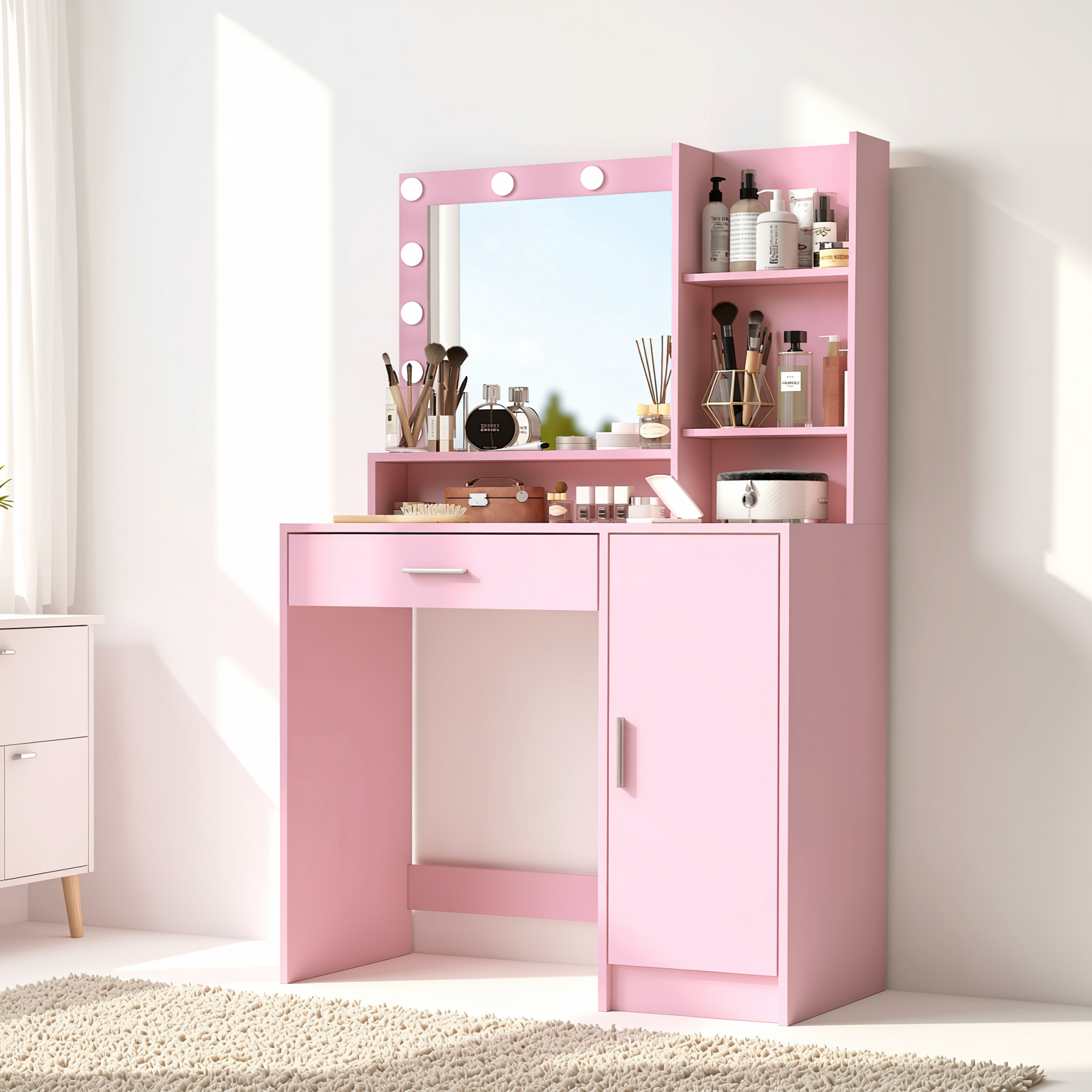 Lecce Pink Vanity Set Hollywood Lighted Mirror Desk with CARNATION Morandi Fabric Swivel Chair