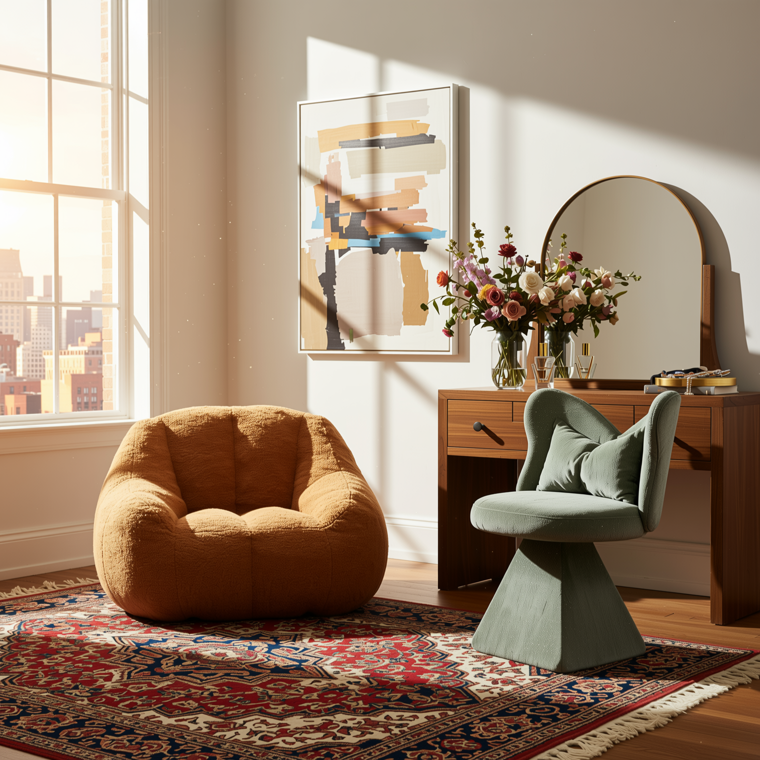 Homy Casa 2PC Living Room Furniture Set with Plush Yellow Bean Bag Chair & Green Chenille Velvet Swivel Chair Open Box