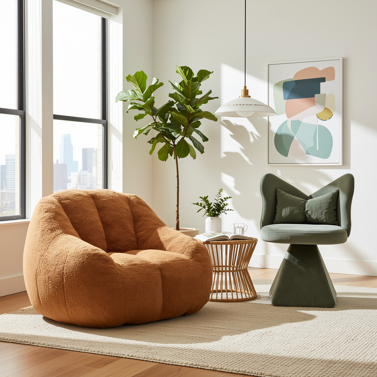 Homy Casa 2PC Living Room Furniture Set with Plush Yellow Bean Bag Chair & Green Chenille Velvet Swivel Chair Open Box