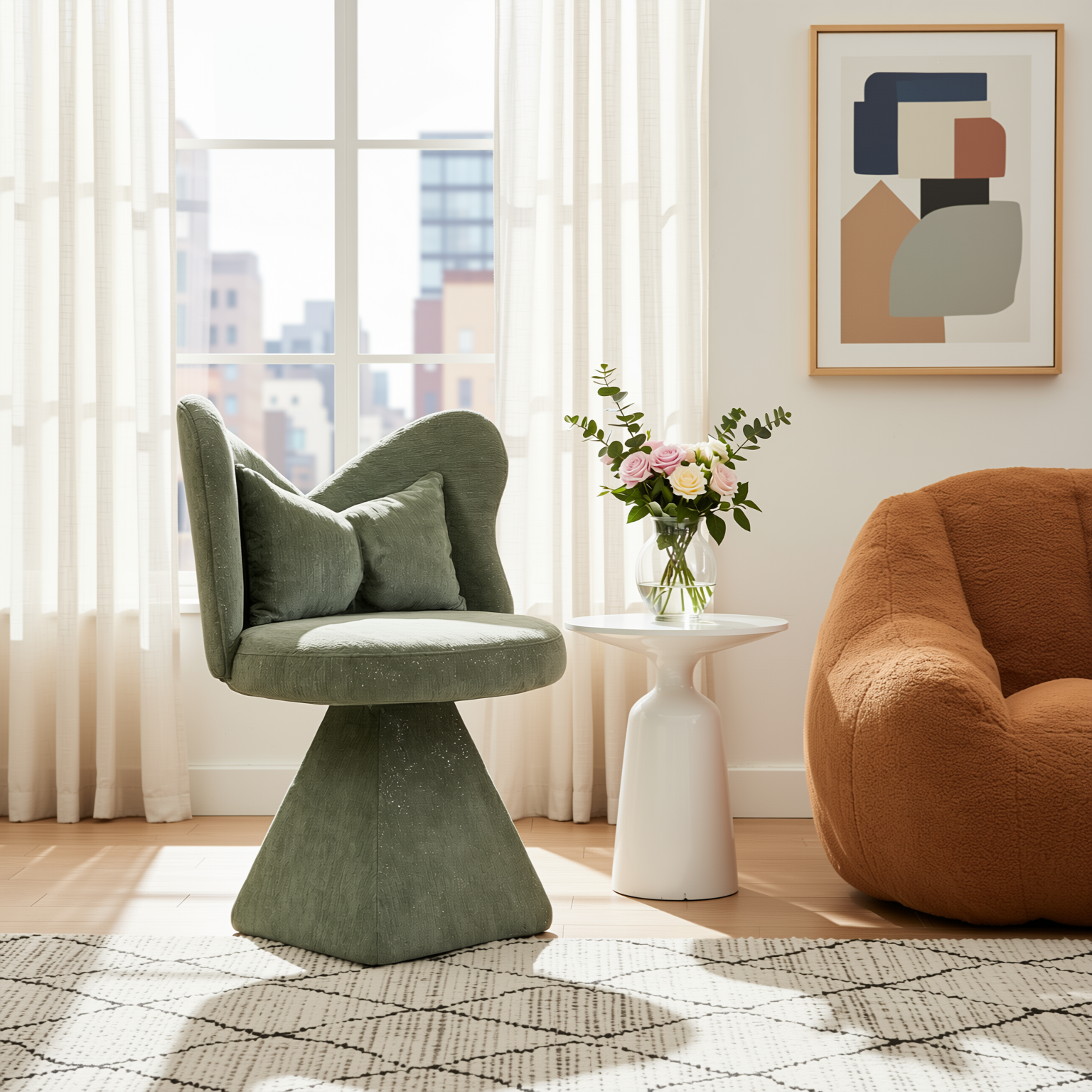 Homy Casa 2PC Living Room Furniture Set with Plush Yellow Bean Bag Chair & Green Chenille Velvet Swivel Chair Open Box