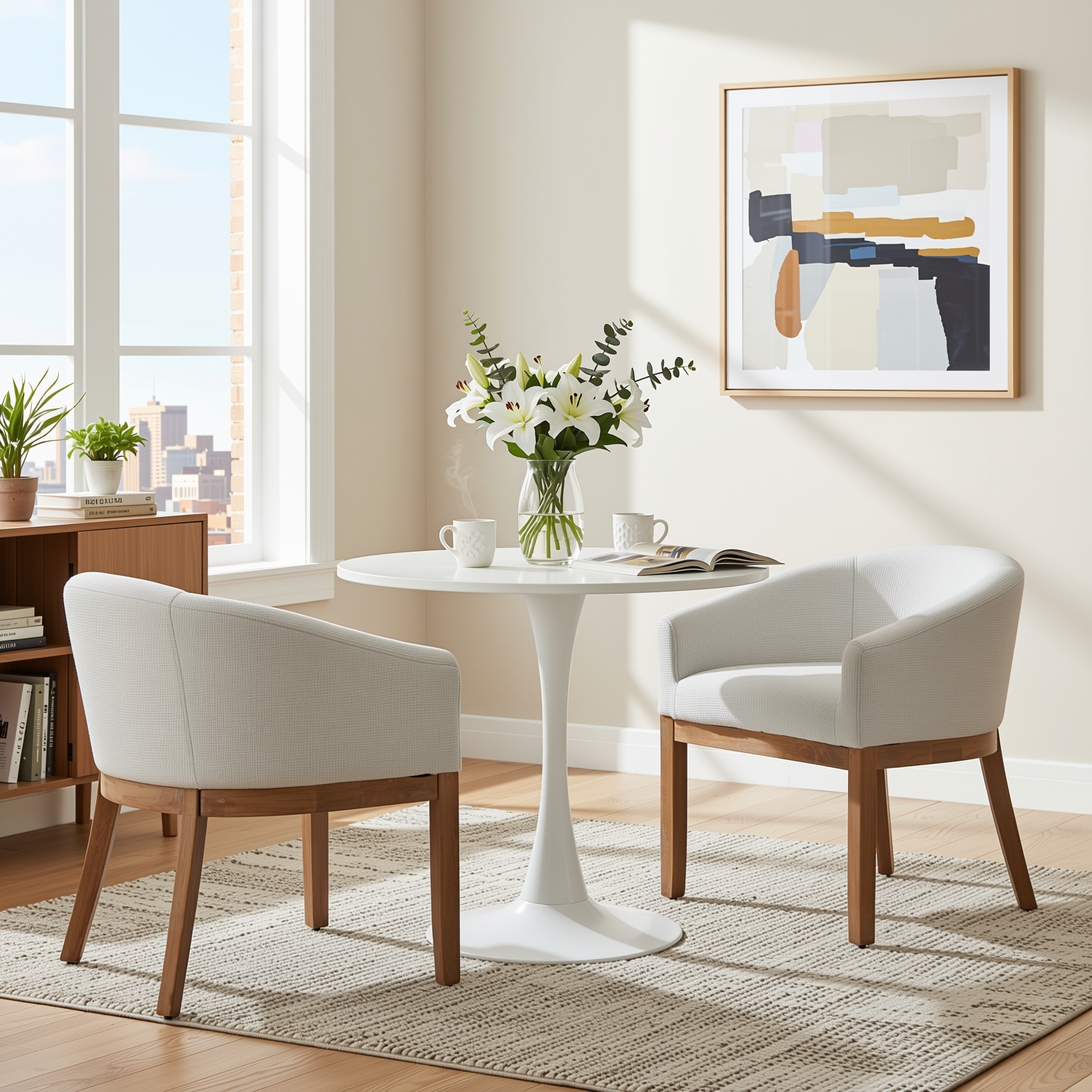 Homy Casa Nemea 3PC Kitchen Dining Set Round White Table with 2 Beige Upholstered Armchairs Open Box